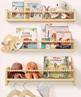 Wall Shelf Children's Room Wood, 58 cm Bookcase Wall,Set of 3 | Long shelves in pine wood with front cover for wall mounting for books, toys and children's room decoration.