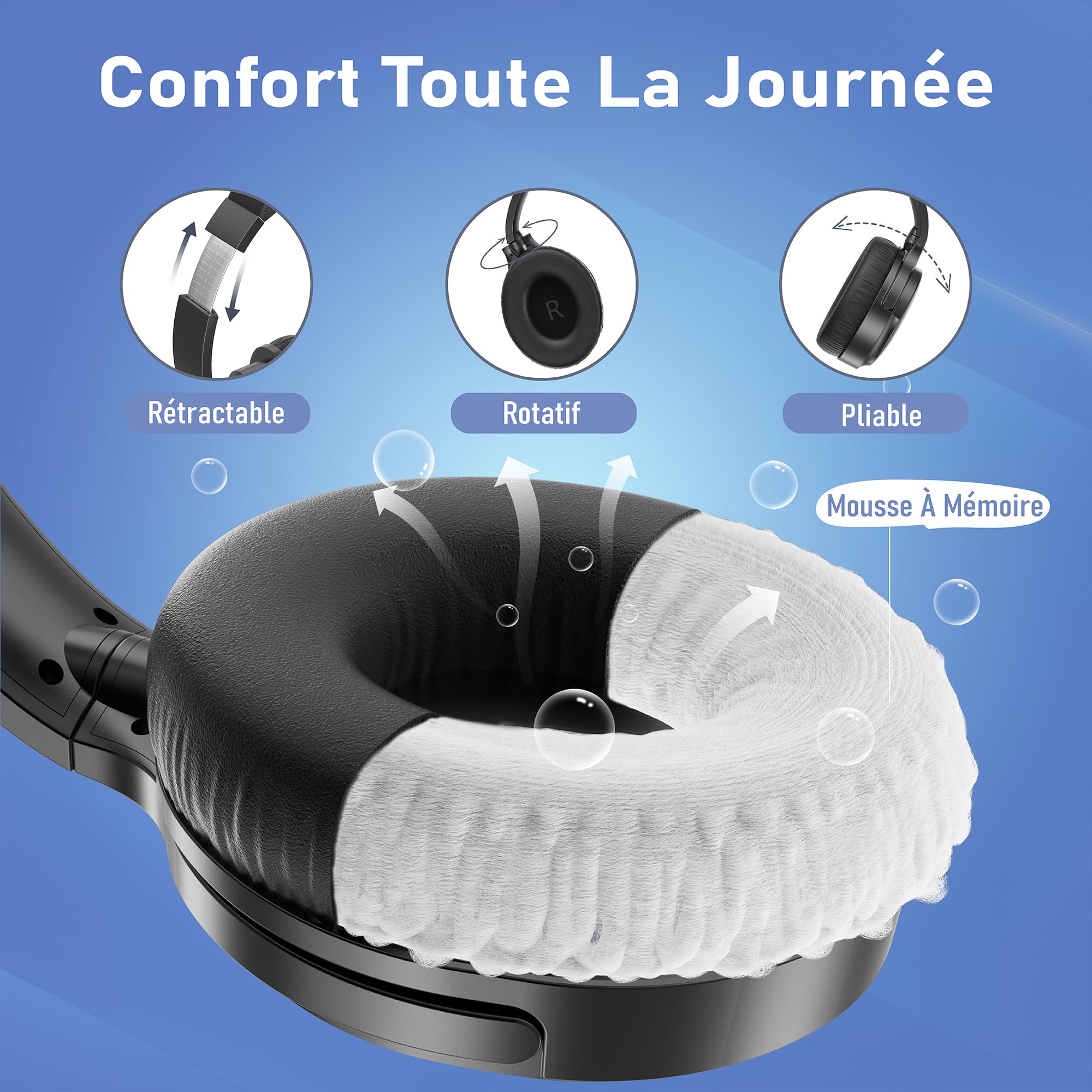 Casque Bluetooth sans Fil à Réduction de Bruit Active-Jusqu'à 80 Heures d'autonomie et Charge Rapide-avec Micro pour Appels Téléphoniques,Casque Over-Ear,Léger, Confortable et Pliable,Noir