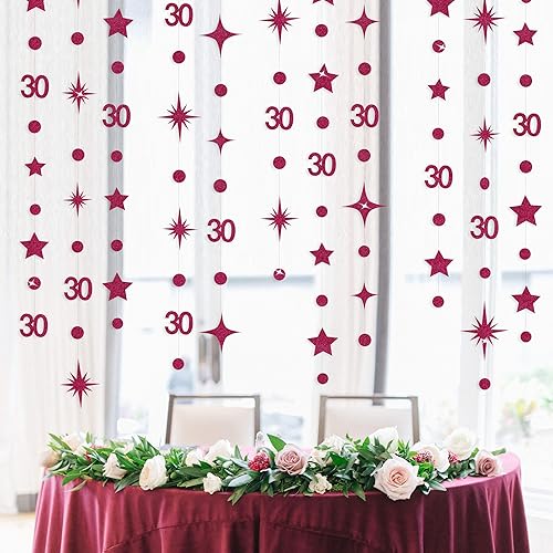 Miniatura 7 de Decoraciones de cumpleaños número 30 color azul aguamarina, guirnalda de estrellas con círculos y lunares metálicos para colgar en banderines, telón