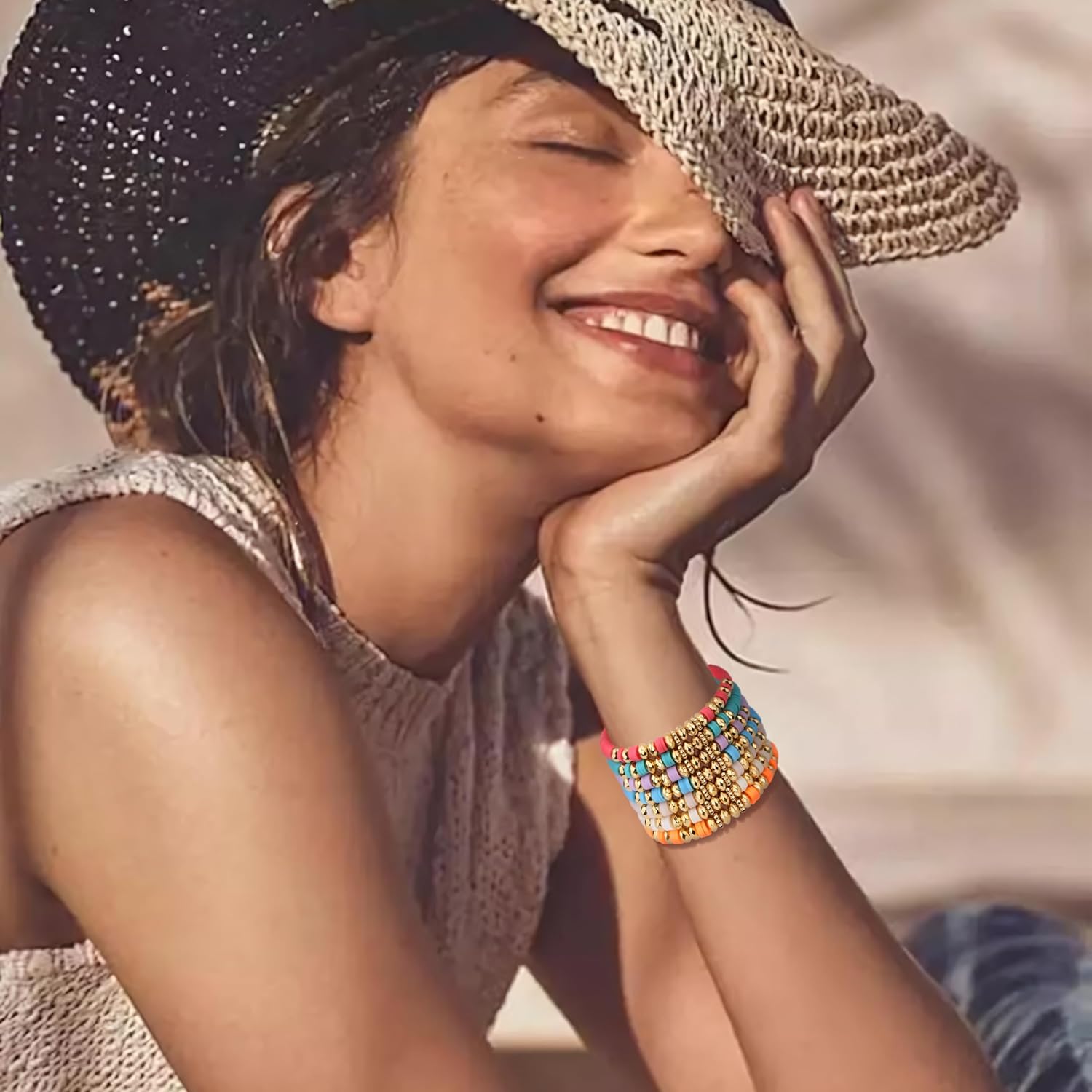 XIANNVXI 7pc Heishi Clay Bead Bracelets for Women Gold Plated Beaded Bohemian Stackable 6.8In Stretch Bracelets Elastic Layering Friendship Jewelry Boho Gift Set - Image 2