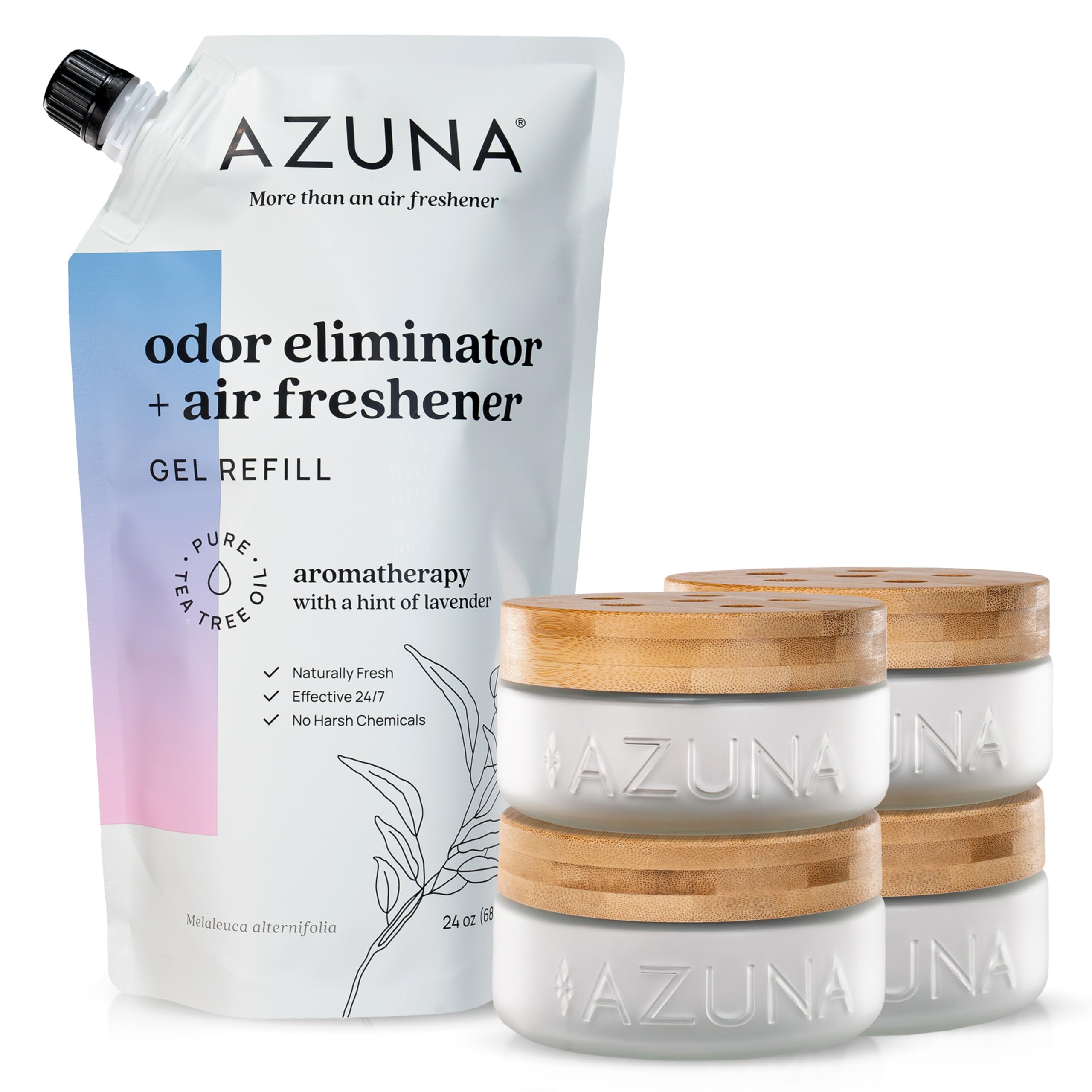 Azuna Air Freshener & Odor Eliminator for Strong Odor | 4 Room Kit Includes (4) Empty Luxe Glass Jar & 24oz Gel Refill with Tea Tree Essential Oil | Aromatherapy | Last 60-90 Days