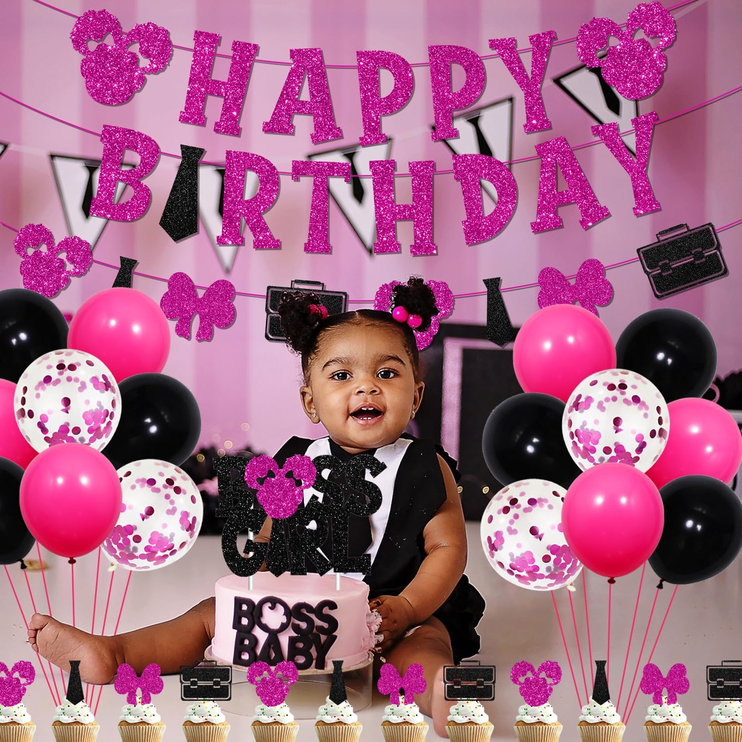 Boss Birthday Decorations for Girls, Bossy Girl Birthday Decor Black and Hot Pink Boss Girls Banner Cake Topper Cupcake Toppers Balloons Set for Girls Baby Shower 1st 2nd 3rd Bday Party Supplies