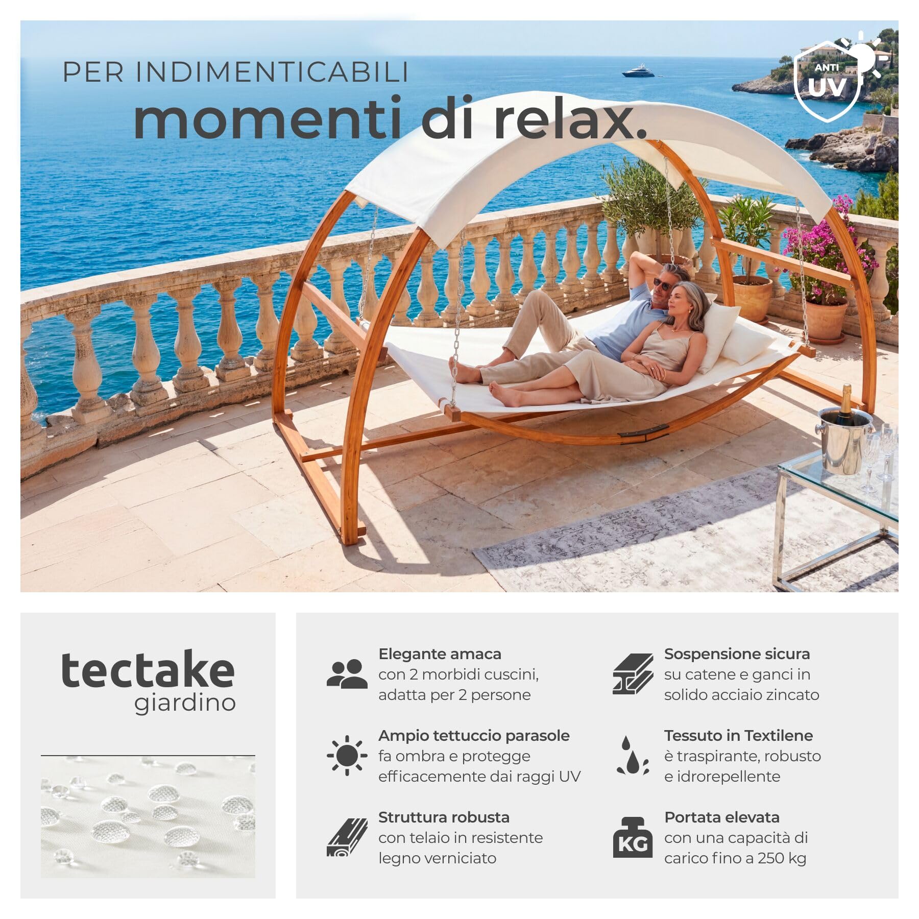 tectake® Amaca da Esterno per 2 Persone, Amaca XXL con Tettuccio Parasole, Struttura in Legno Robusta, Tessuto Traspirante e Idrorepellente, Inclusi Comodi Cuscini, Teak, 328 x 160 x 171,5 cm
