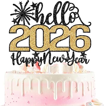 Hello 2026 Happy New Year Cake Topper, Farewell 2025 Hello 2026, Happy New Years Eve Party Decoration Supplies, Black and Gold Glitter