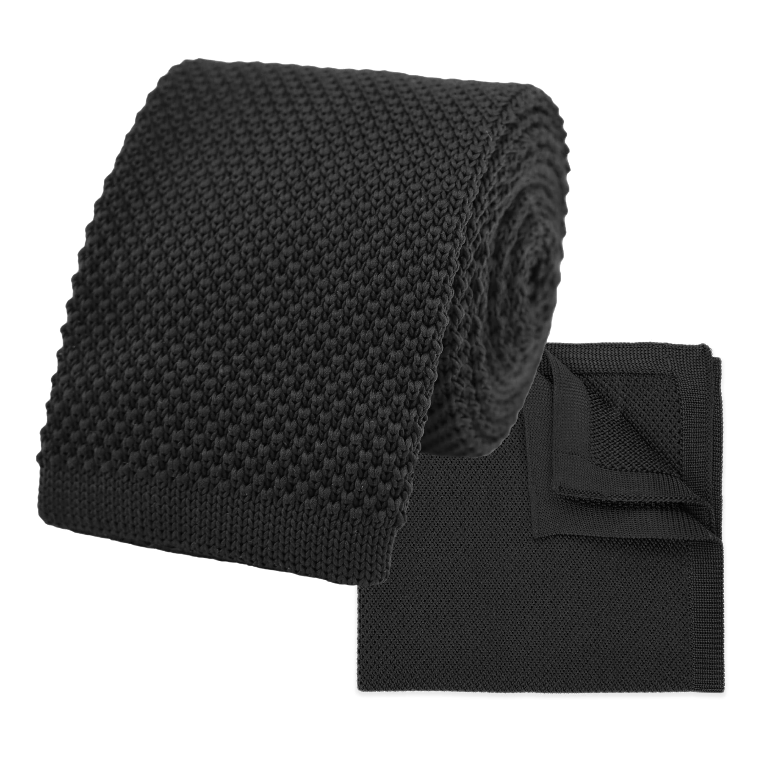 THE GENTS LAB 100% Polyester Square End Knitted Tie & Pocket Square Sets - Many Colours (Black)