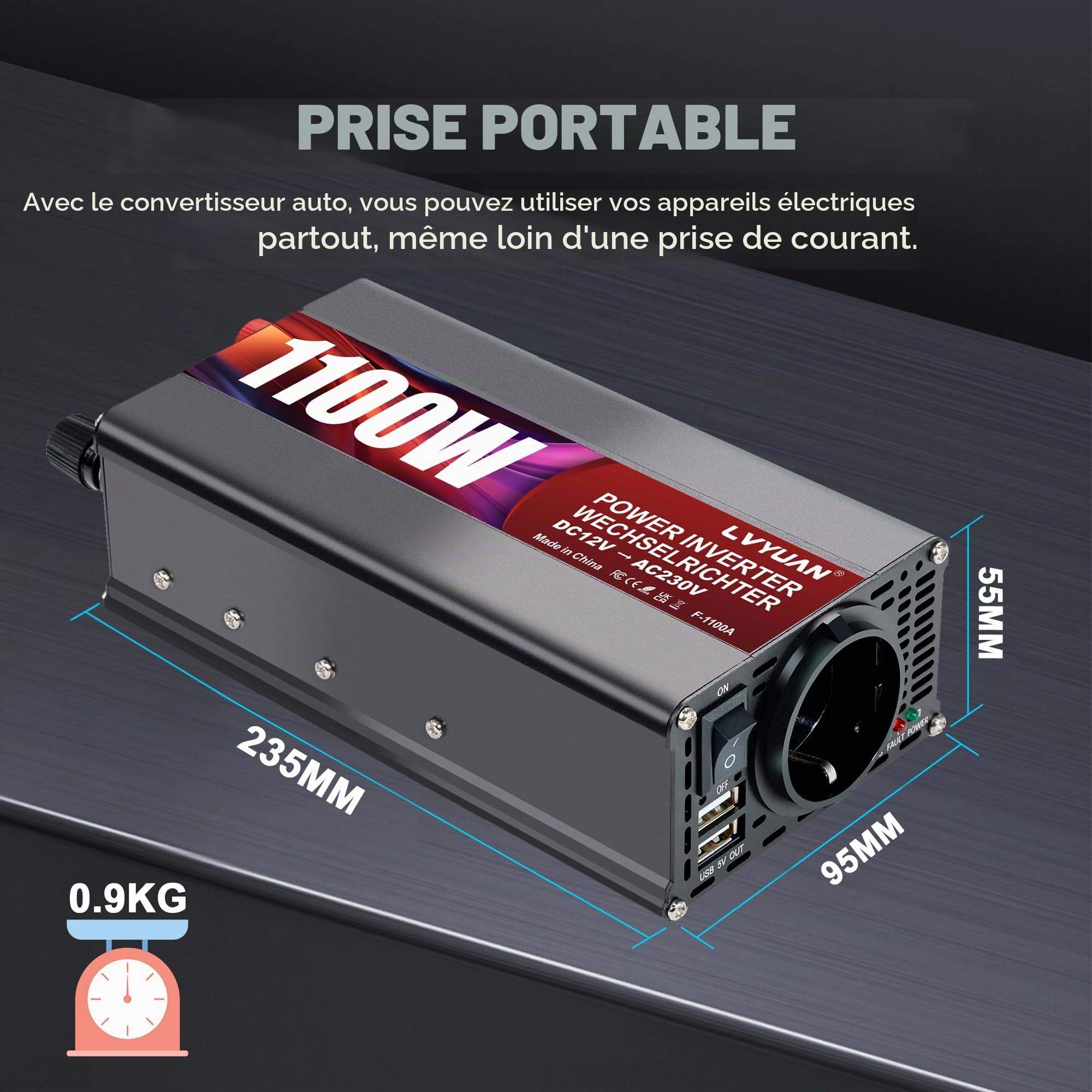 LVYUAN Convertisseur 12V 220V 1100W/ 2000W DC à AC Convertisseur de Puissance Voiture Onduleur Inverter Transformateur avec 2 Ports USB