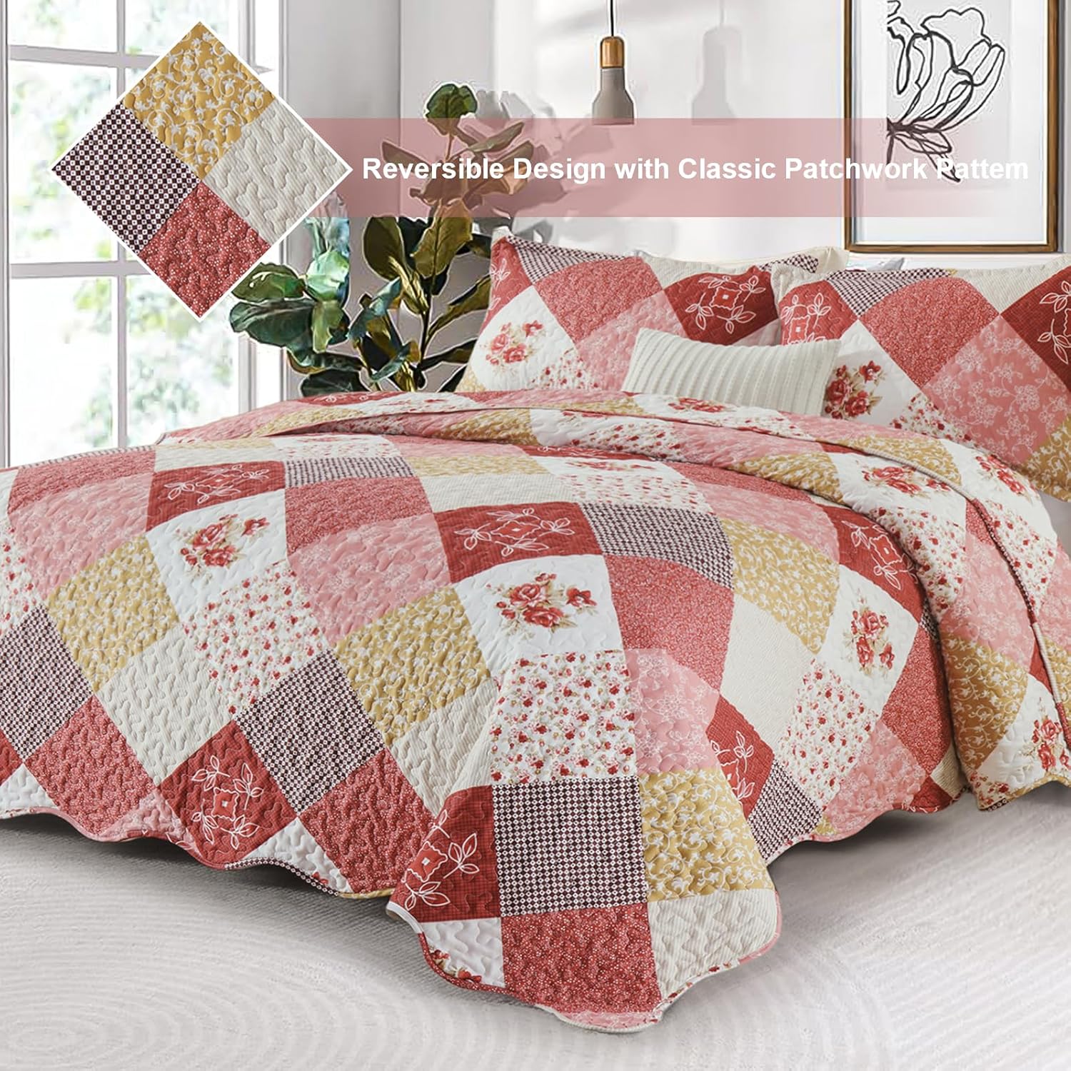 Dinjoy Romantic Pink Quilt Set Queen Size, Reversible Floral Plaid Patchwork Pattern Bedding Set Soft Microfiber Lightweight Bedspread Coverlet 3 Piece Spring Summer Use (90x96 inches) | Floral Patchwork - Image 2