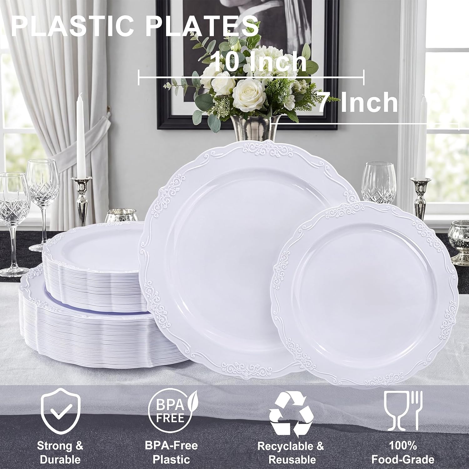 Tinybee 60PCS White Plastic Plates - Heavy Duty White Disposable Plates, Elegant Plastic Plates for Bridal Shower, Wedding and Party Including 30 Dinner Plates 10 '' & 30 Dessert Plates 7.5 ''