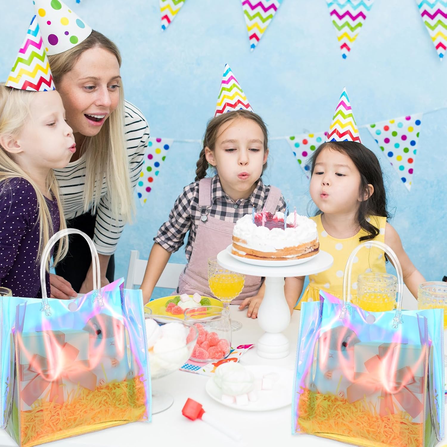 Yuanan 16Pcs Holographic Party Favor Bags, Clear Goodie Bags for Party Favors, Reusable PVC Gift Bag with Handles - Image 6