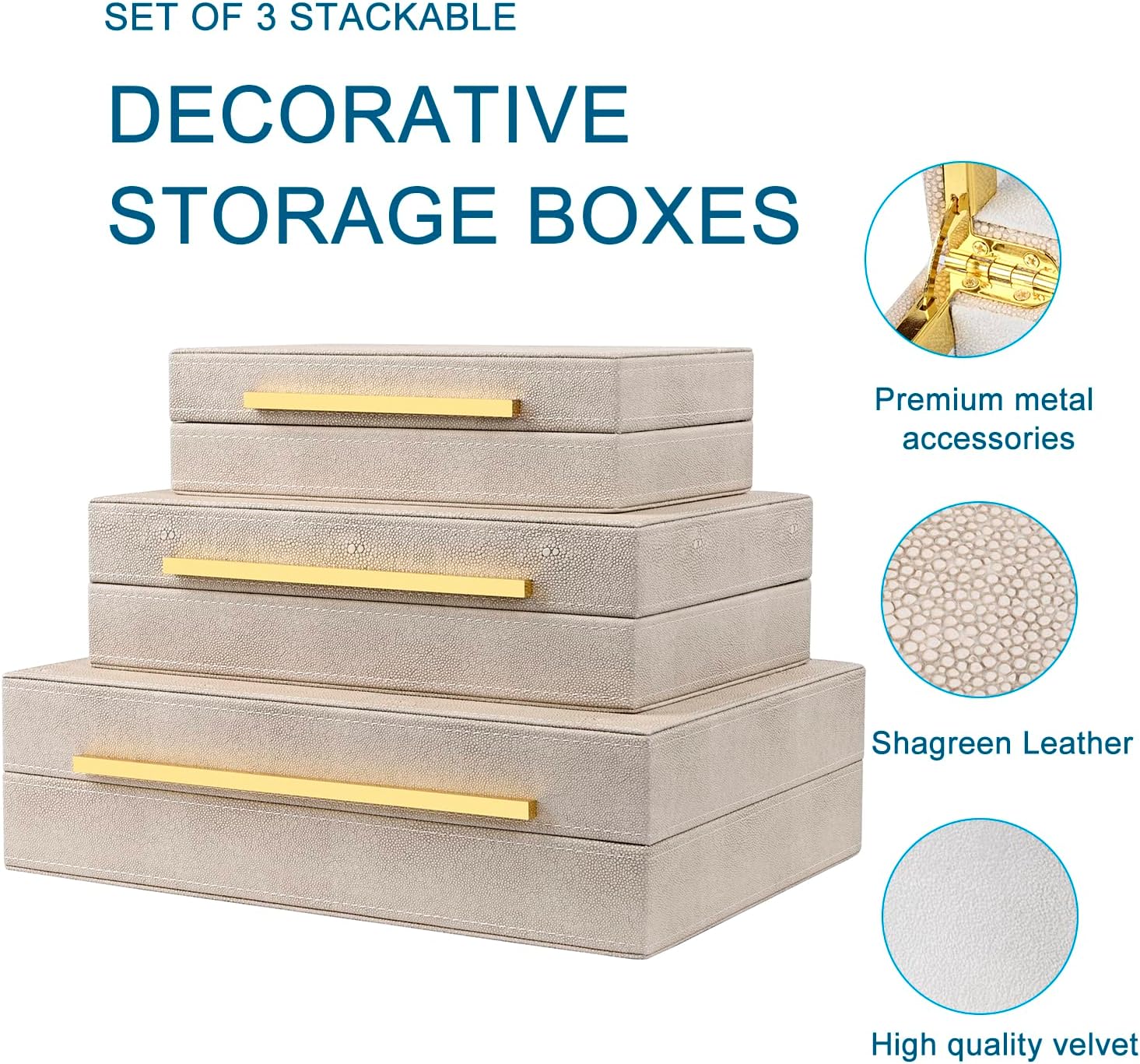 Ivory Shagreen Box Set Of 3 Faux Leather Decorative Boxes, Large Modern Nesting Storage Decorative Boxes with Lids for Home Decor Stacking jewelry Box Organizer