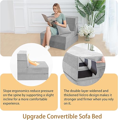 Miniatura 6 de Colchón plegable para sofá cama, sofá cama plegable, colchón de piso con almohada para sala de estar, oficina en casa (gris claro, individual)