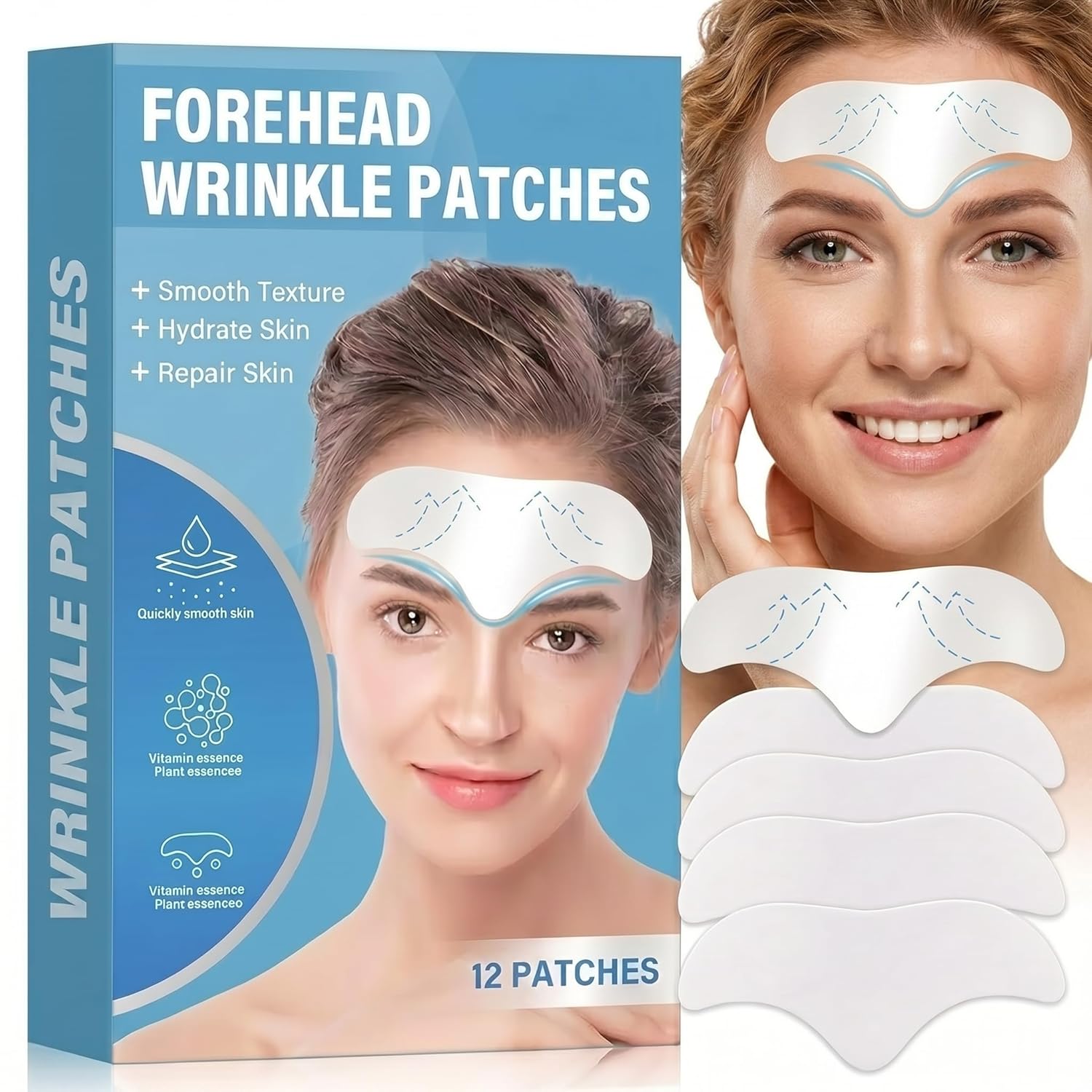 Zornesfalte Pflaster, 12 PCS Forehead Wrinkle Patches mit Kollagen &amp; Aloe Vera, Anti Falten Pflaster Gesicht zur Glättung von Stirnfalten &amp; Mimikfalten, Overnight Face Optischer Lifting-Effekt Patches