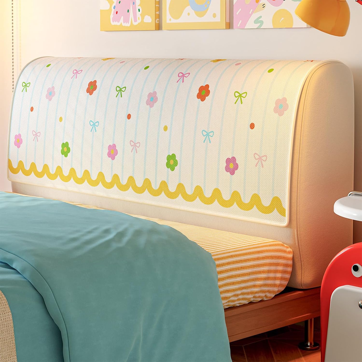 Pet Friendly Bed Headboard Cover Washable Ice Silk Fabric with Cartoon Pattern 3 Size Rental Home Decoration Improve