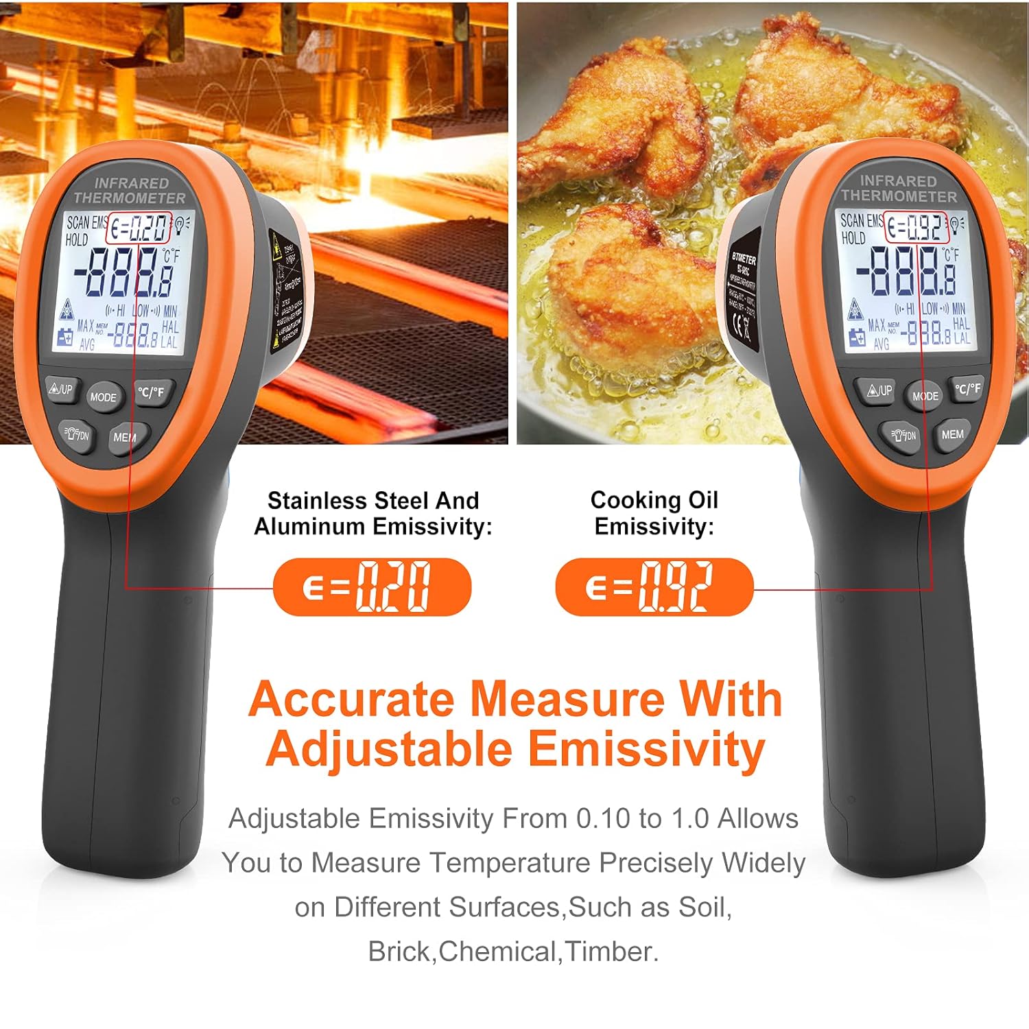 Infrared Thermometer Gun - BTMETER 985C Non Contact 16:1 IR Laser Temperature Gun Digital Instant Read -50℃~800℃(-58℉~1472℉) for Food Cooking Kitchen Grilling HAVC(NOT for Human Temp)