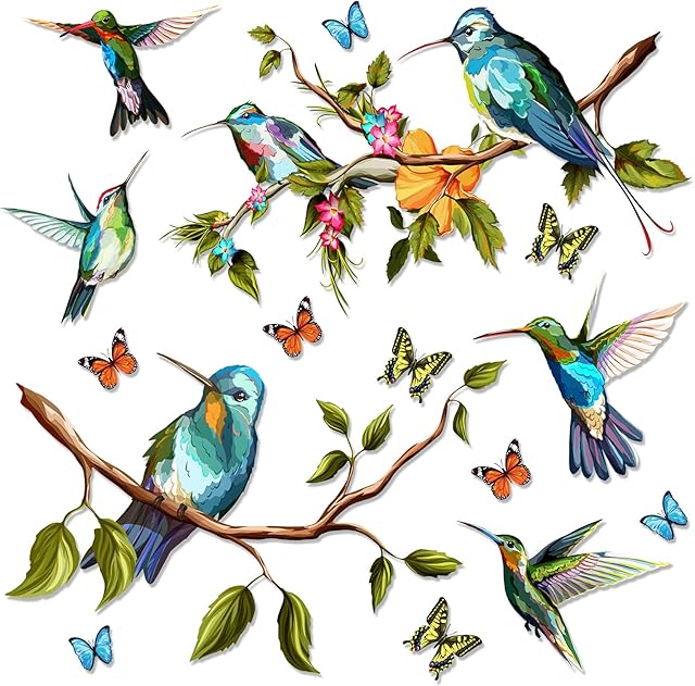 SPEETH 2Pcs DIY Hummingbird Wall Decal, Hummingbird Flower Wall Stickers Decor, Butterfly, Bird, Plant Vinyl Glass Wall Decals for Home, Removable Sticker for Bedroom, Window, Kitchen Living Room