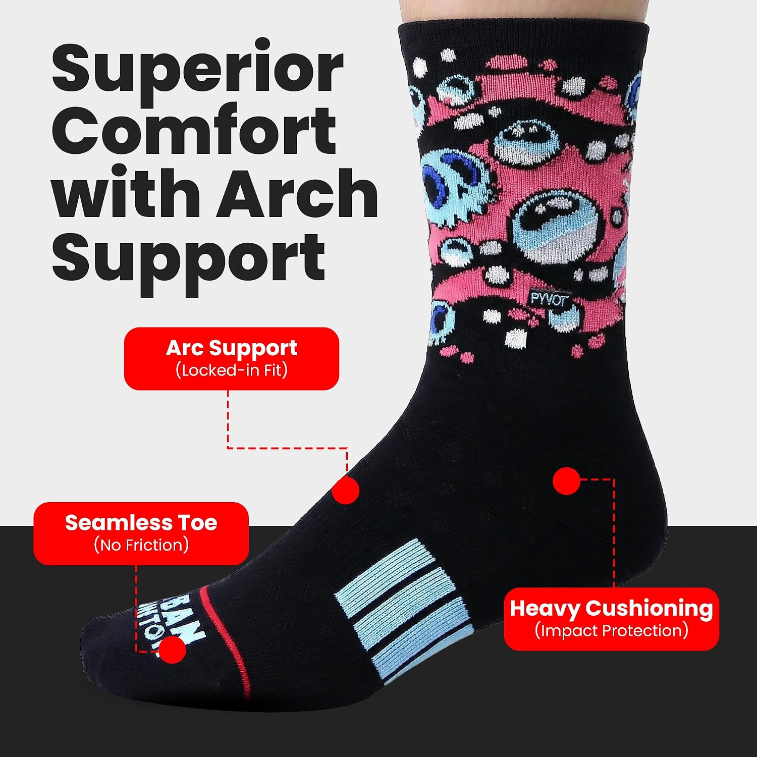 PYVOT Artist Series: Gruesome Bundle - Designer Novelty Socks Crew Socks for Men and Women - Collabs with Sean Keeton, Rather Grim & Jetpacks and Rollerskates - Heavy Cushion Combed Cotton, 3 Pairs