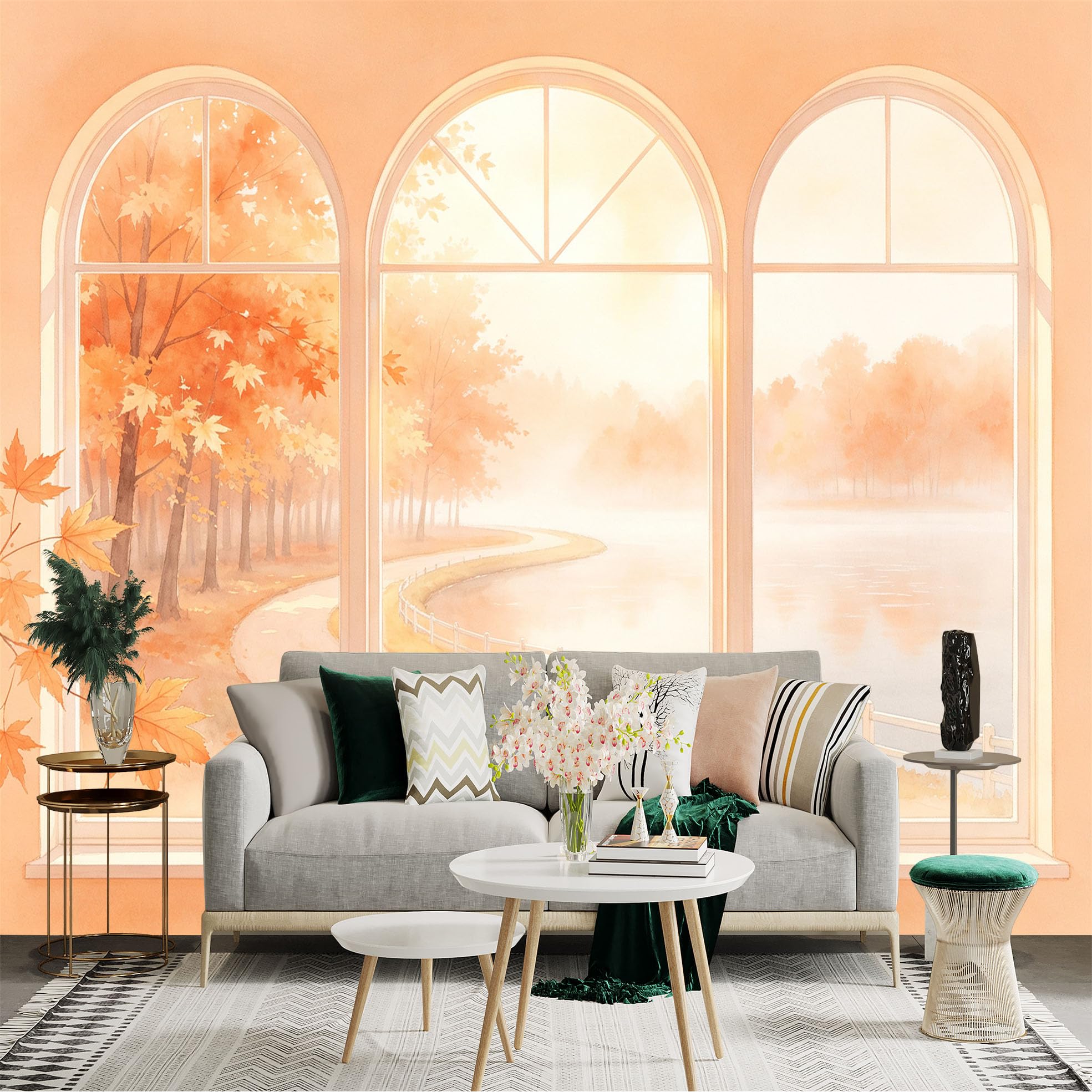 Custom Size Wall Sticker Mural， Autumn Maple Forest View， Misty Lakeside Landscape， Watercolor Window Scene， Peaceful Nature Scenery， for wall Decoration， peelandstick wall Decals.