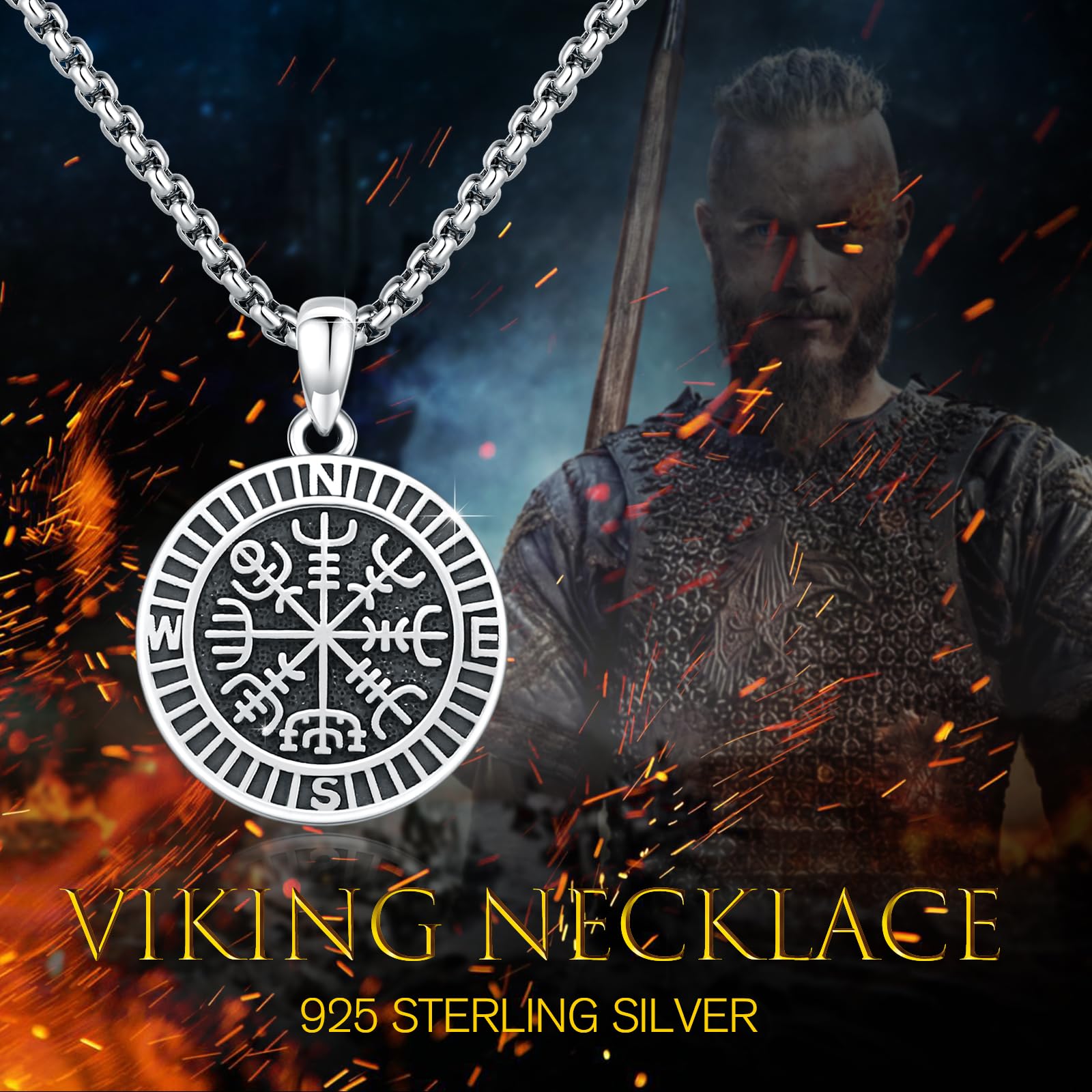 REDSUN Collier médaillon viking boussole en argent sterling 925 - Pendentif photo avec chaîne en acier inoxydable de 50 + 5 cm - Pour homme et garçon