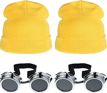Geyoga Halloween Cosplay Costume Accessories Adult Vintage Steampunk Goggles Punk Sunglasses Yellow Beanie2 Sets