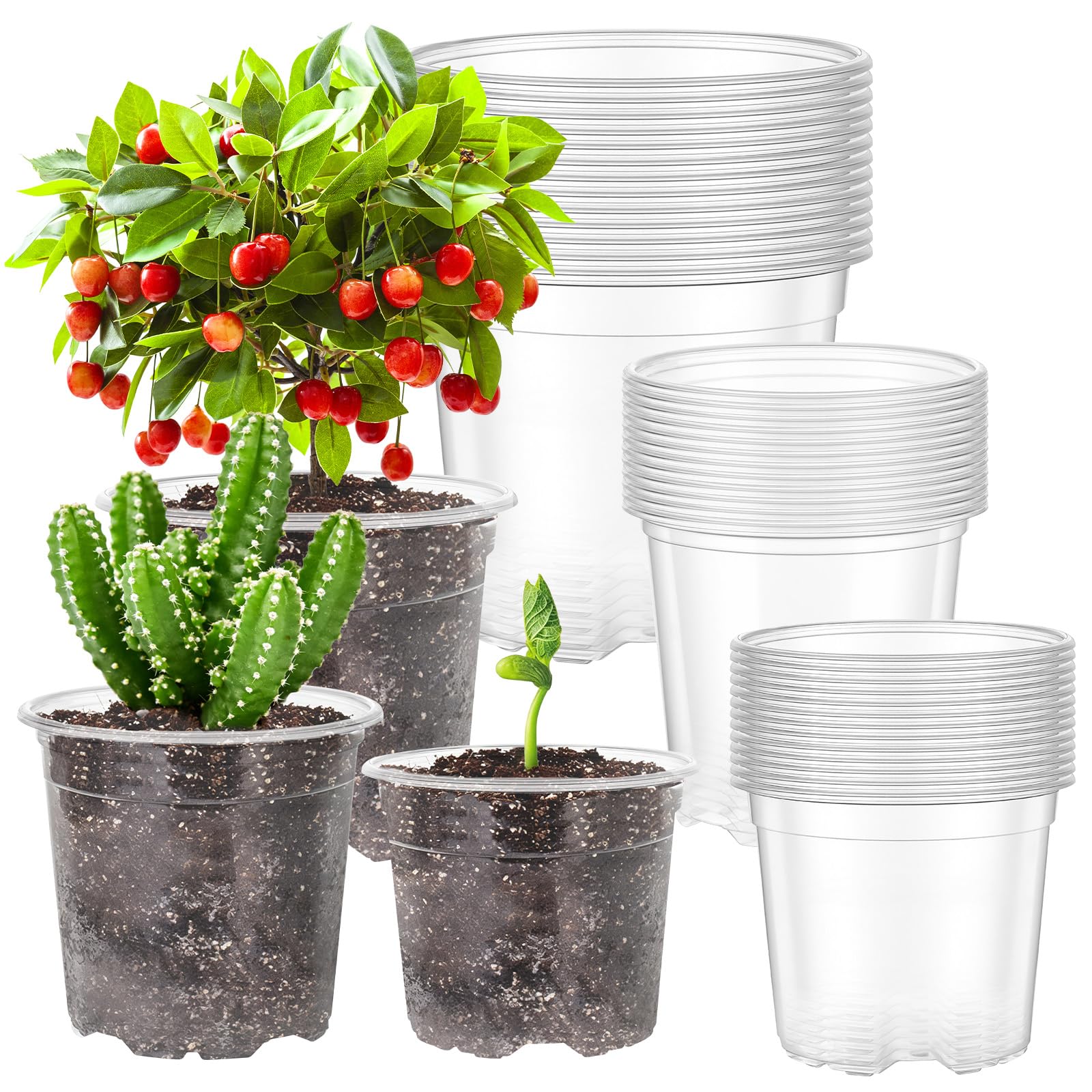 AOOWU 36Pcs Plastic Plant Pots, 9CM /10CM /13CM Clear Flower Pot with Drain Holes, Clear Nursery Pots for Flower Plant Seedlings Transplanting, Garden Plant Container for Orchid, Succulent, Houseplant