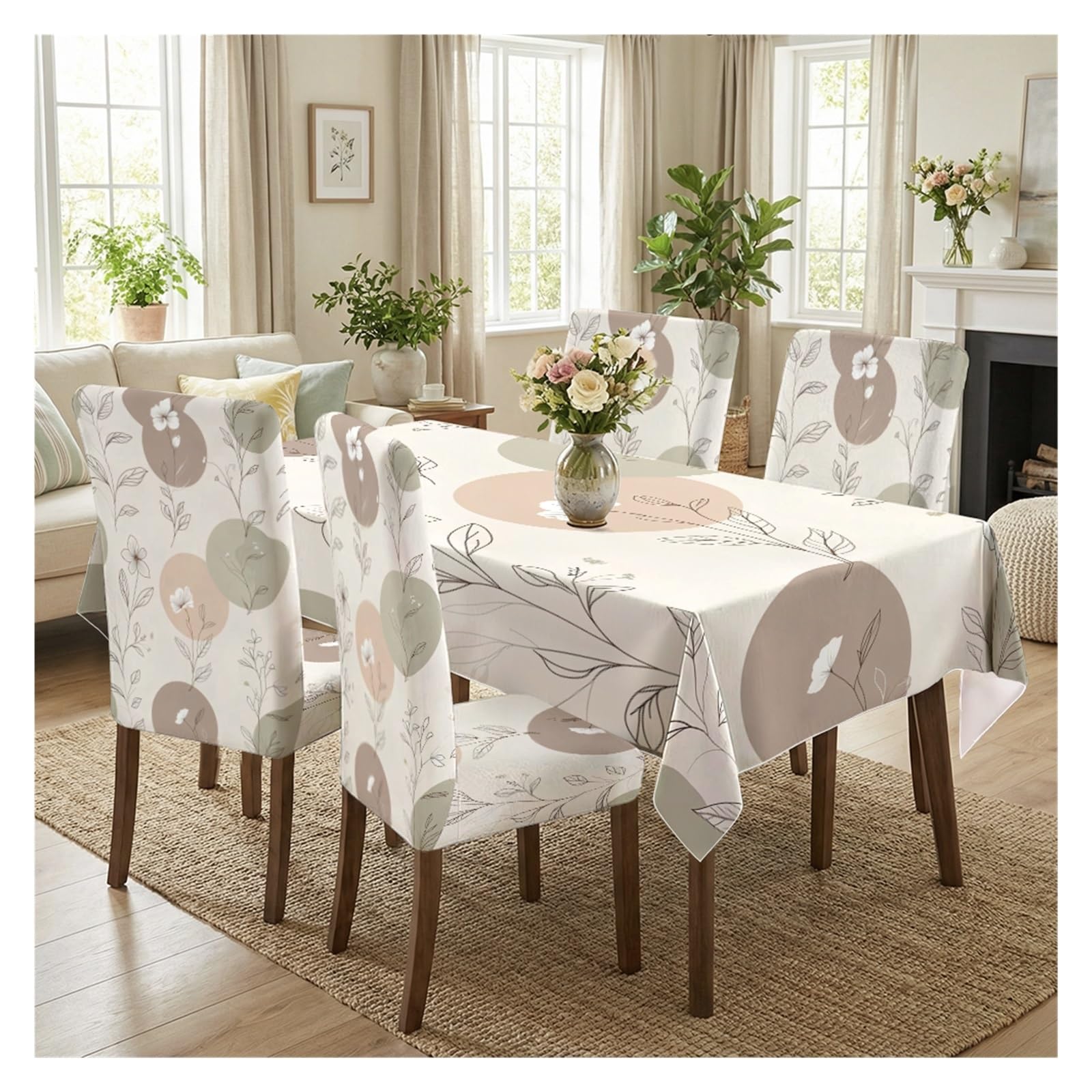 KXUAUV Stretch Dining Chair Slipcover & Tablecloth Set, Neutral Geometric Line Art Leaf Floral Print, 5/7 Pack, Minimalist Boho Home Decor Party Decor(5pcs Set: Tablecloth+Chair Covers)