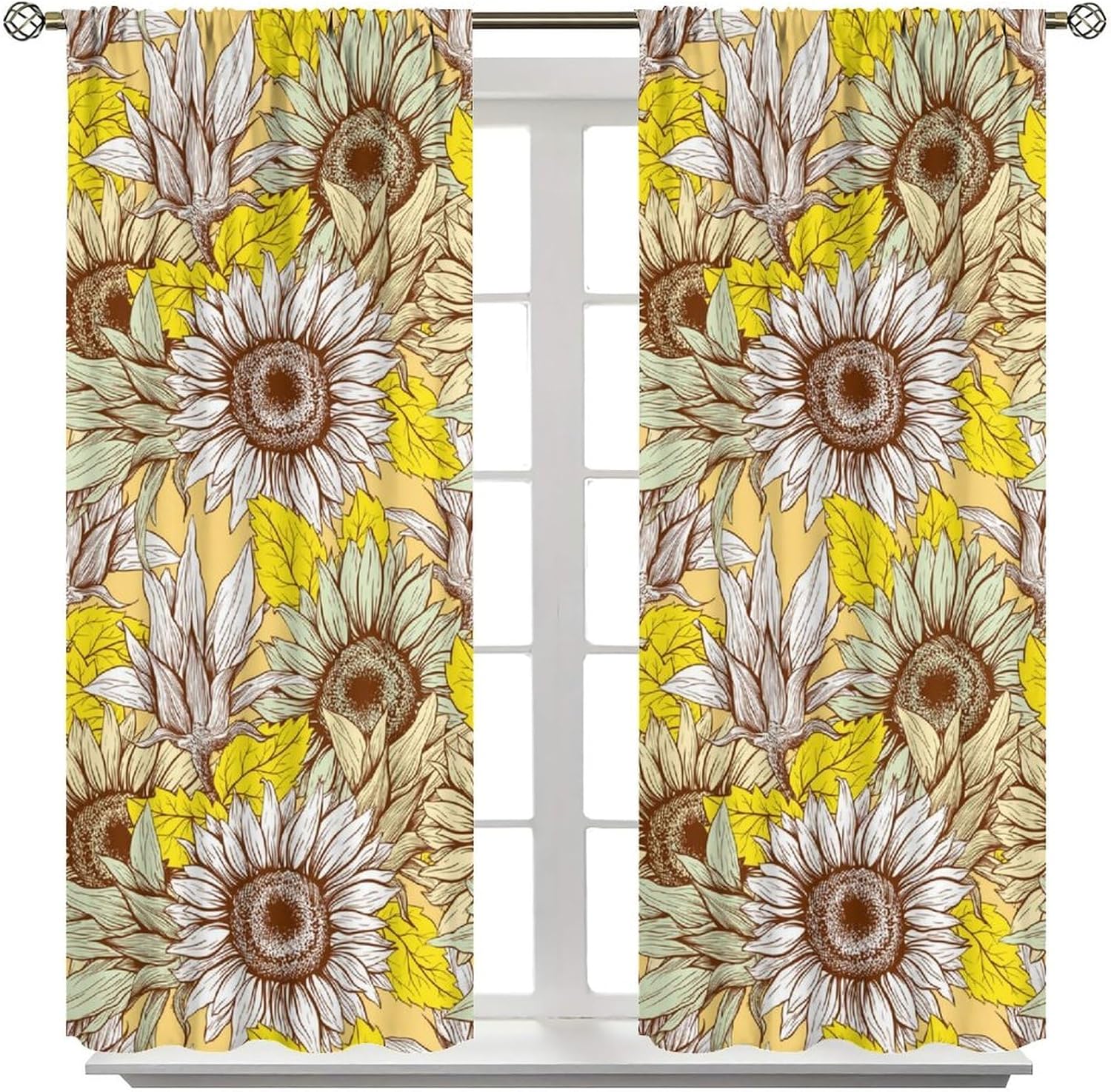 Sunflower Curtain,Boho Country Garden Vintage Yellow Flower Pattern Blackout Rod Pocket Window Curtain,for Kids Teens Adults Living Room Bedroom Kitchen Cafe Farmhouse 42" W X 45" L