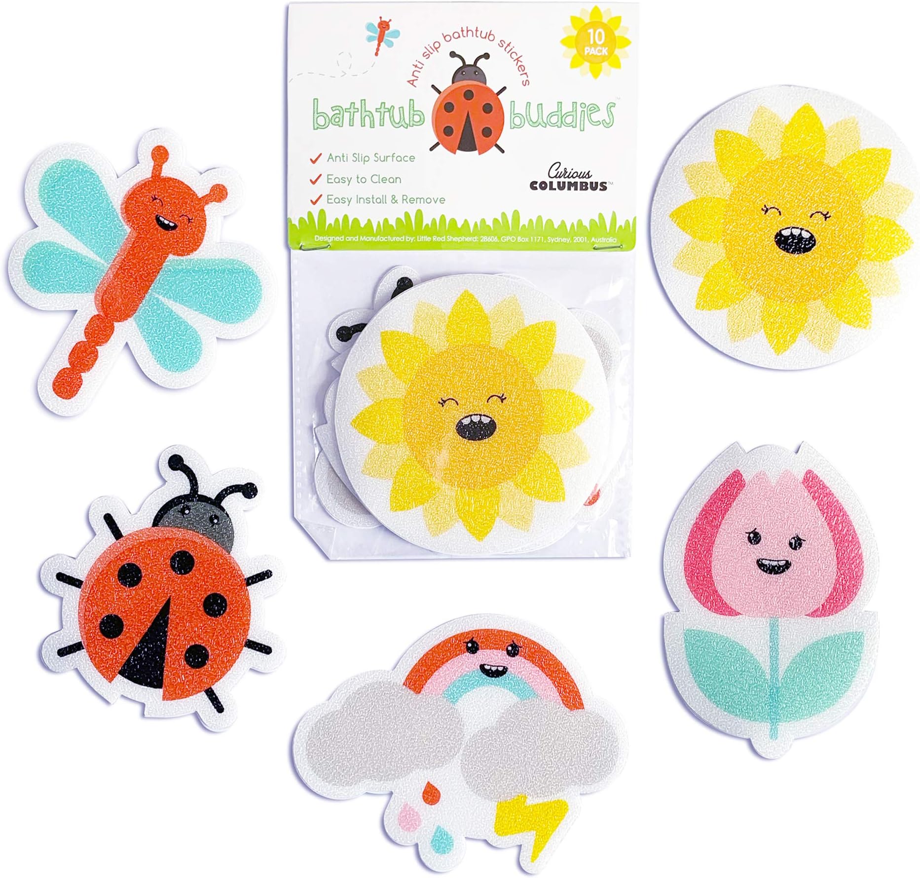 Curious Columbus Non-Slip Bathtub Stickers for Kids (Summer Garden Design) Pack of 10 Treads. Adhesive Bathtub Appliques. Anti Skid, Anti-Slip Tattoos.