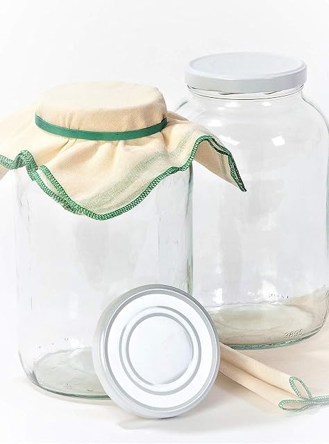 myFERMENTS Large Glass Jars with Lids 4,25 l  Easy Clean Airtight Wide Mouth Containers, 50x50cm Muslin Cloths, & Rubber Bands - Kombucha, Kefir, Fermentation, Pickling, Conserves - Set of 2