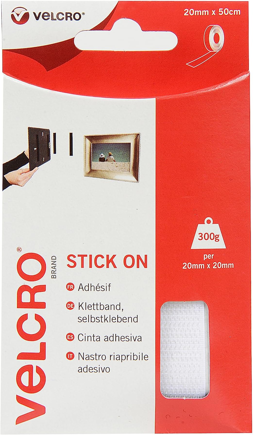 VELCRO Brand | Stick On Tape | Cut-to-Length Strong Hook & Loop Self Adhesive Sticky Tape Perfect for Room Décor & Home, Office, Garage Use | White | 20mm x 50cm