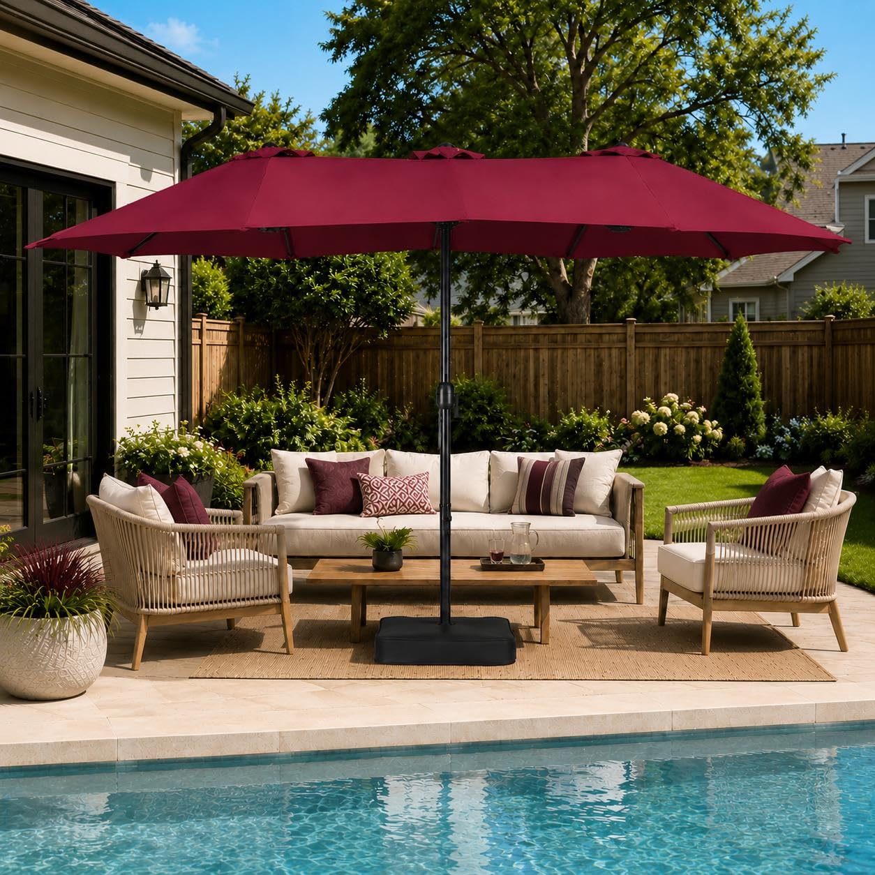 Yaheetech 15FT Double-Sided Patio Umbrella w/Base 12 Ribs Vented, Burgundy