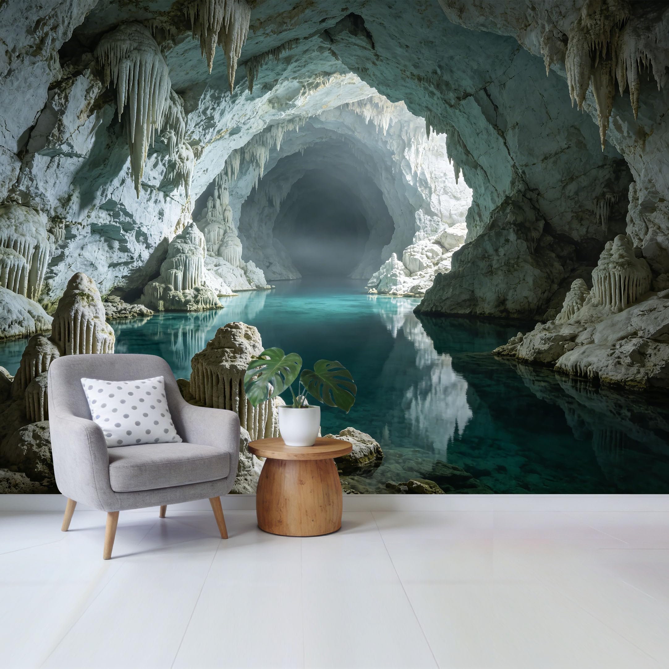 Custom Size Wall Mural Underground Limestone Cave Lake 3D Trompe L'Oeil Removable Self Adhesive Fabric， Home Wall Decor for Living Room Bedroom Bathroom