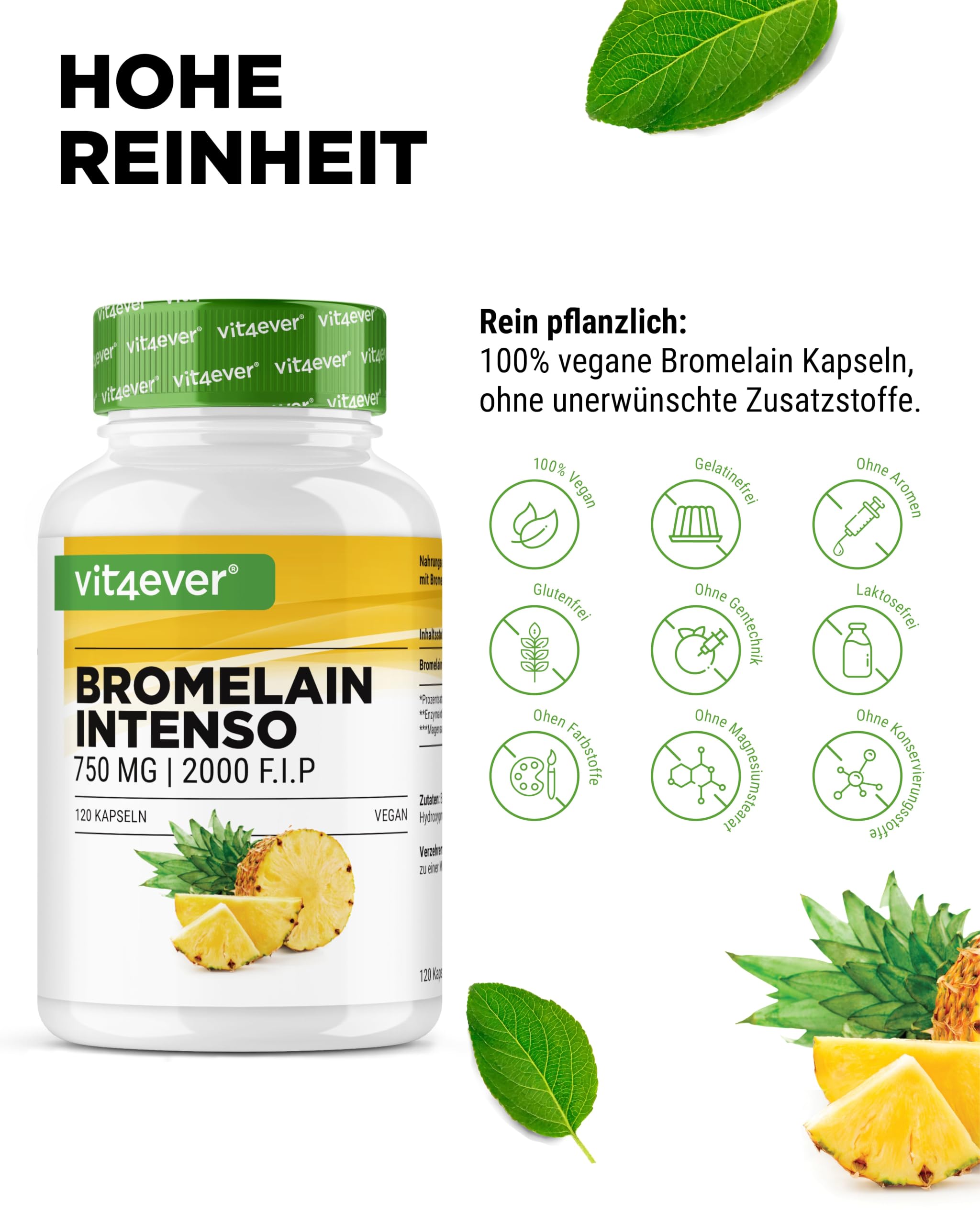 Bromelain Intenso - 750 mg (2000 F.I.P) - 120 magensaftresistente Kapseln - Natürlicher Ananas Extrakt - Laborgeprüft - Vegan - Hochdosiert
