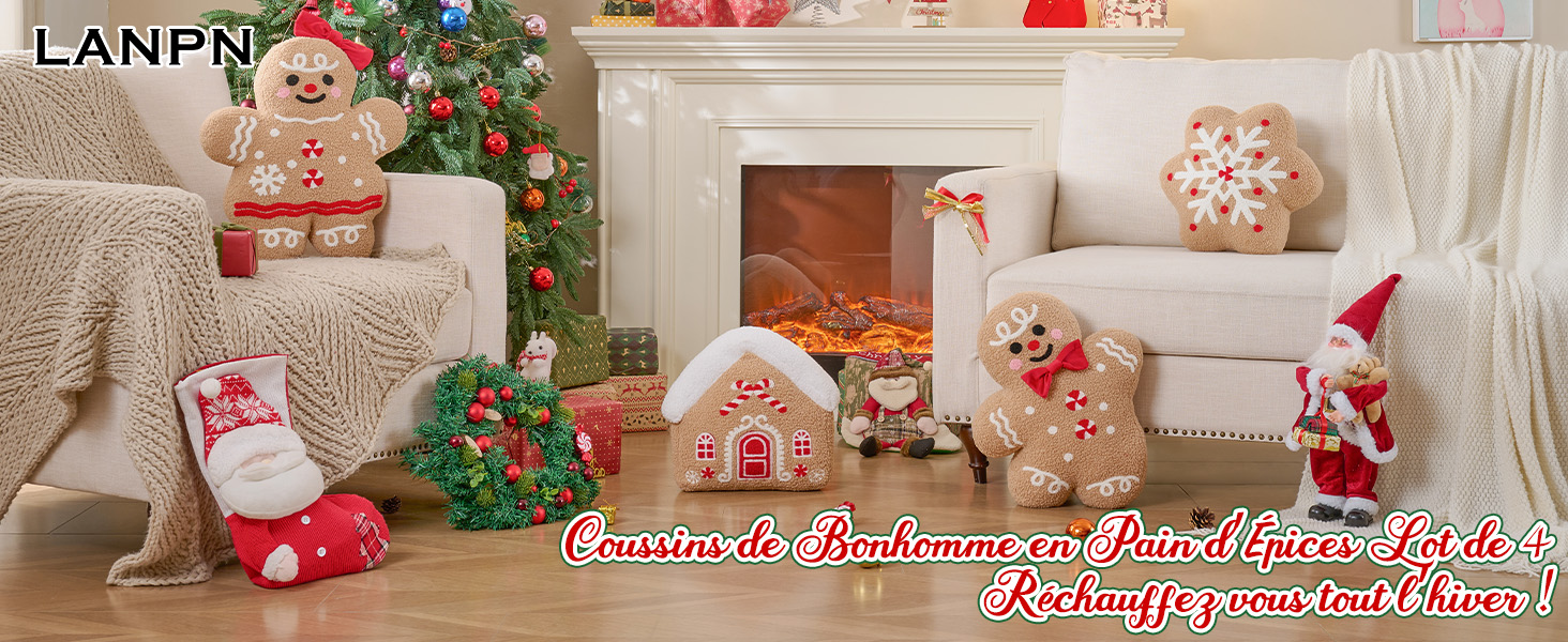 Phantoscope Coussin Décoratif De Noël En Forme De Bonhomme En Pain D'épices Pour Canapé, Salon, Lit, Beige, 33 X 43,2 Cm