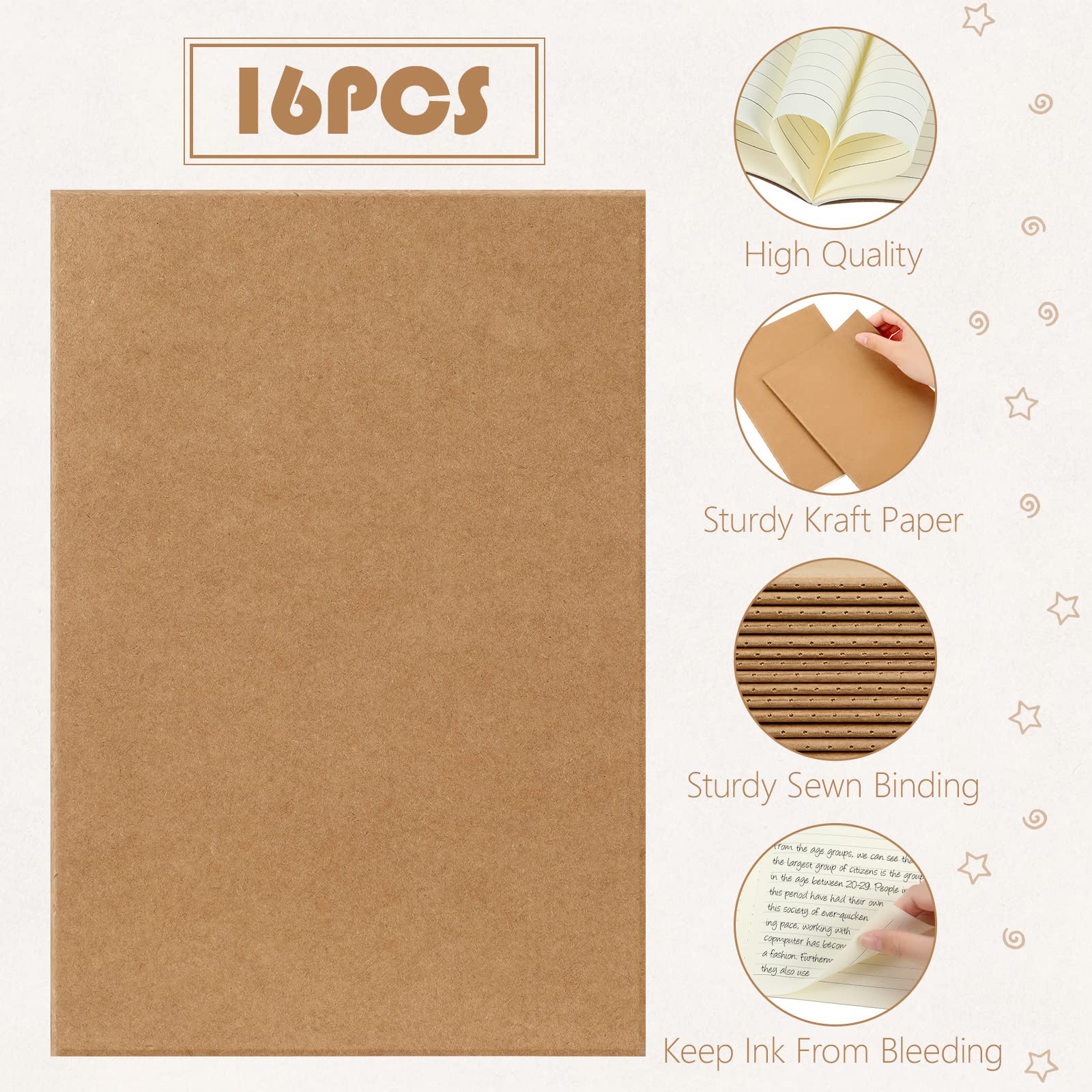 Tenare 16 Pcs Blank Cover A5 Lined Notebook 60 Pages/ 30 Sheets Notepads School Multipack Travel Journal Notebook for Student Diary Memo Office Supplies 8.27 x 5.51''(Kraft Brown) - Image 3