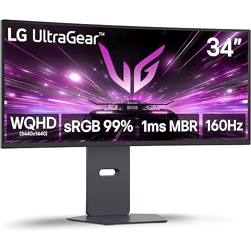 LG 34G600A-B 34-inch Ultragear WQHD (3440 x 1440) Curved Gaming Monitor 160Hz, AMD FreeSync Premium, HDR10, Built-in Speaker, Reader Mode, HDMI 2.1, DisplayPort, Tilt/Height/Swivel Stand, Black