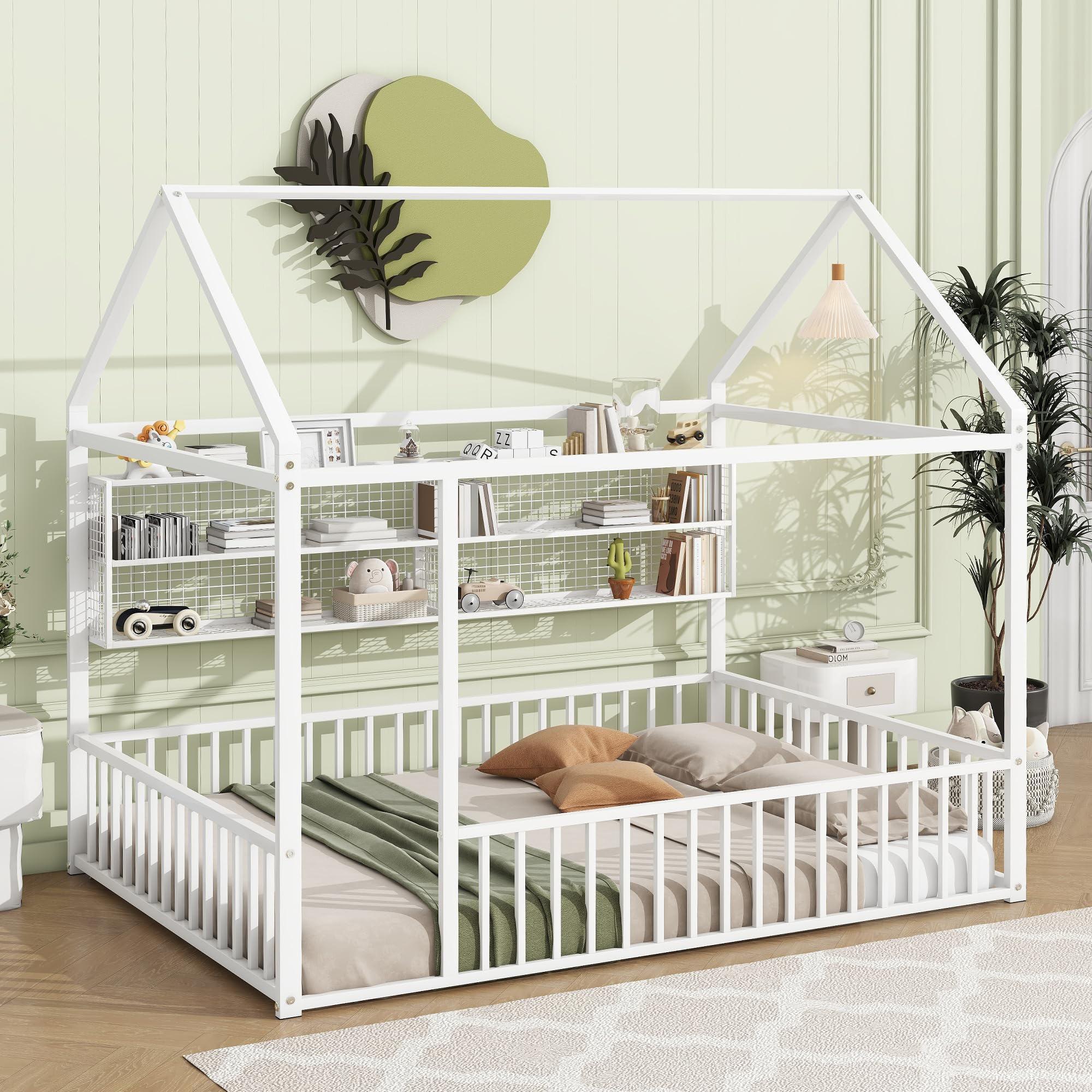 Full Size Metal Bed House Bed Frame with Fence and Shelves Bed Frame for Boys Girls Kids Adults, White