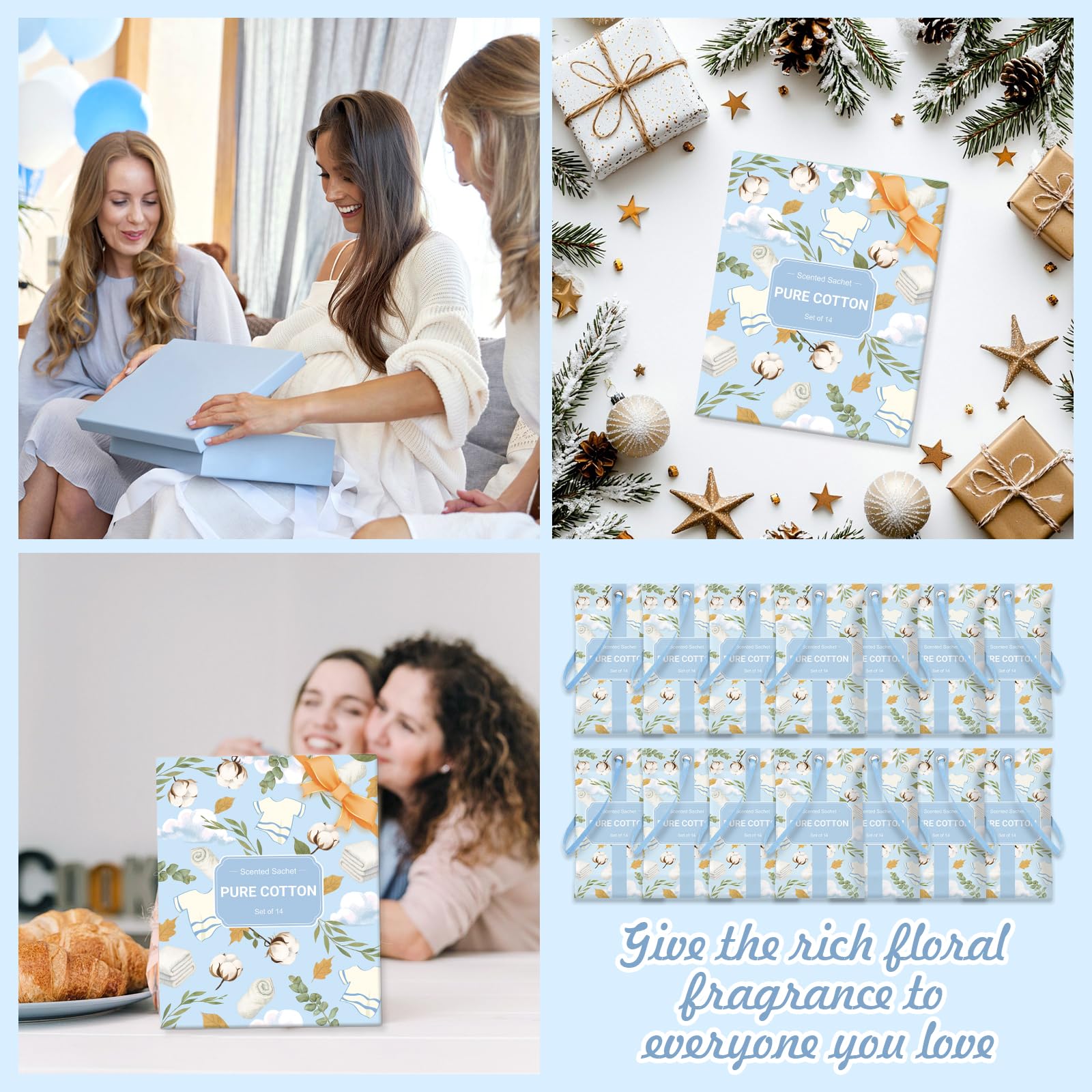 SCENTORINI Sachets Parfumés Coton Frais pour Tiroirs, Armoires, et Garde-Robes, 10g x 14 Sachet pour Armoires, Tiroirs à Chaussures