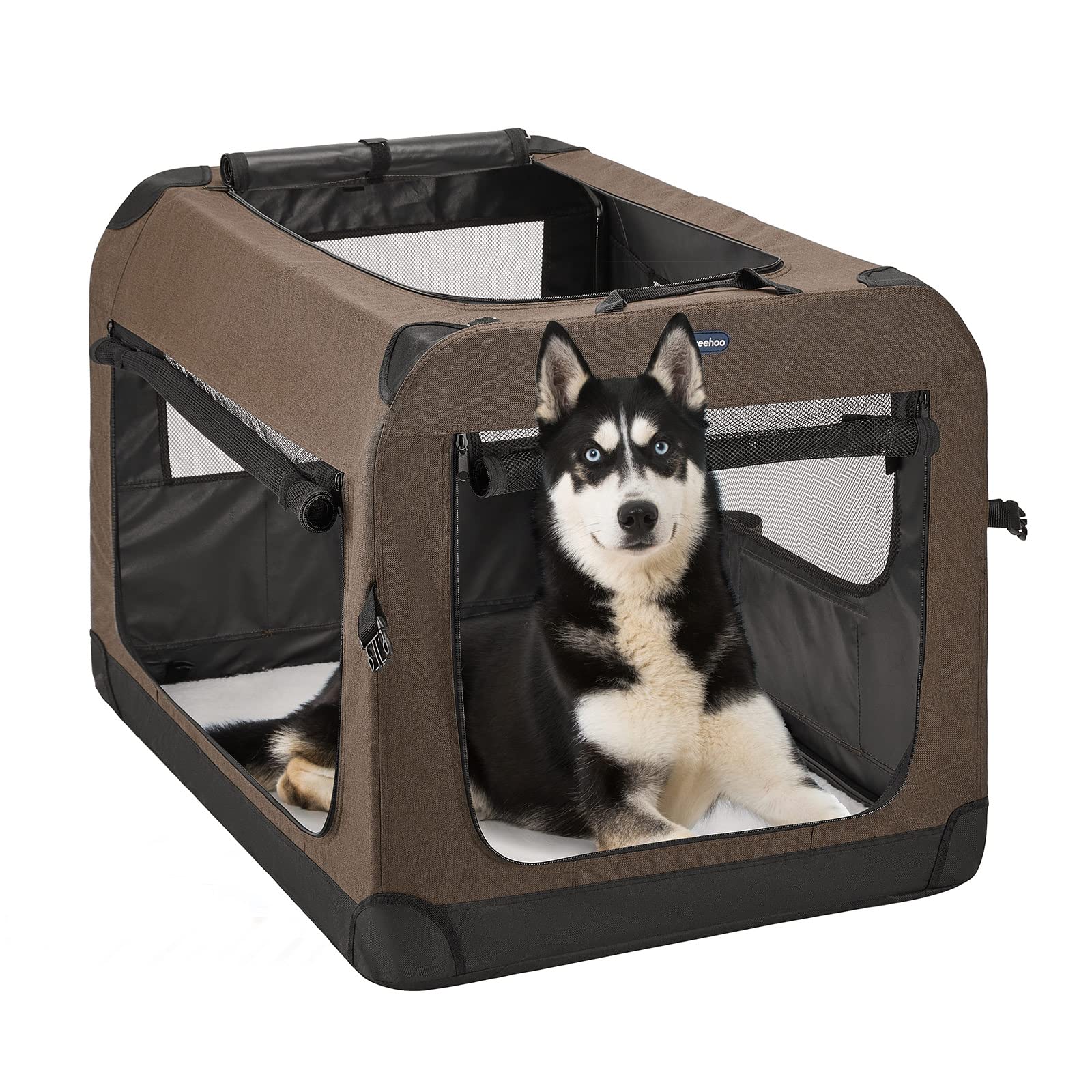 Veehoo Folding Soft Dog Crate, 3-Door Portable Collapsible Pet Kennel for Crate-Training Dogs, 5 x Durable Mesh Screen, 600D Cationic Oxford Fabric, Indoor & Outdoor Use, 32", Brown