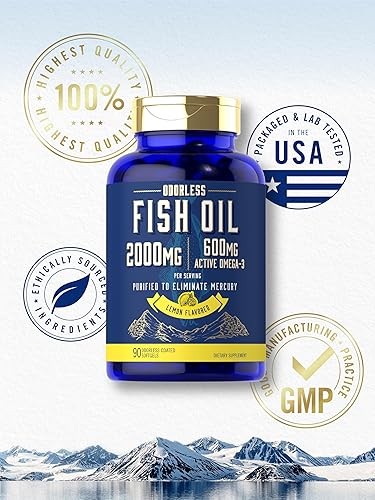 Miniatura 6 de Carlyle Aceite de pescado de 2000 mg  600 mg de Omega 3 con EPA y DHA  90 cápsulas blandas inodoras  Suplemento con sabor a limón  Pastillas sin OMG