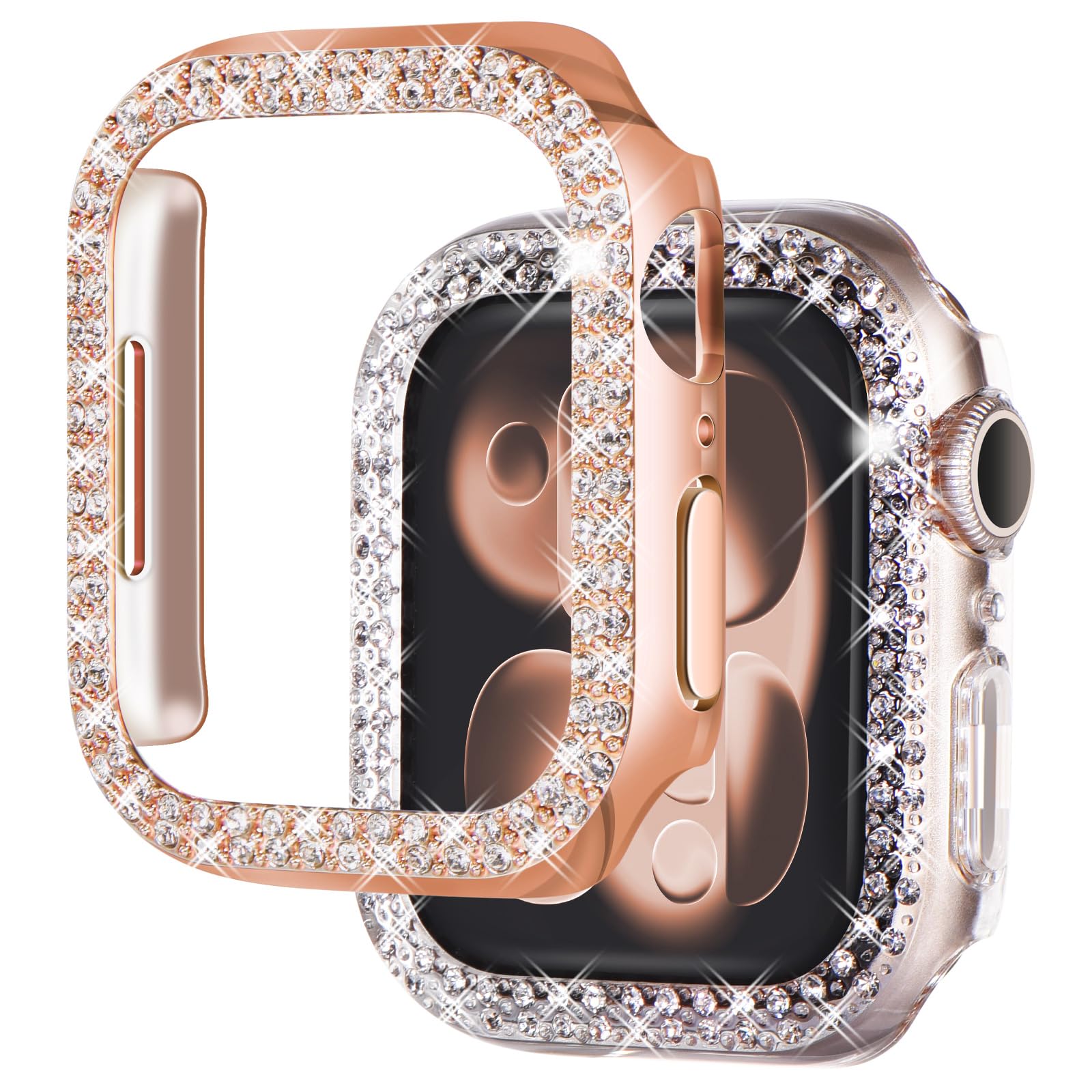 2-Pack Luxury Bling Case for Apple Watch Series 4 5 6 SE 40mm, Double Row Sparkling Crystals Premium Jewelry Bumper, Slim Protective Frame Cover for Women, Rose Gold/Clear