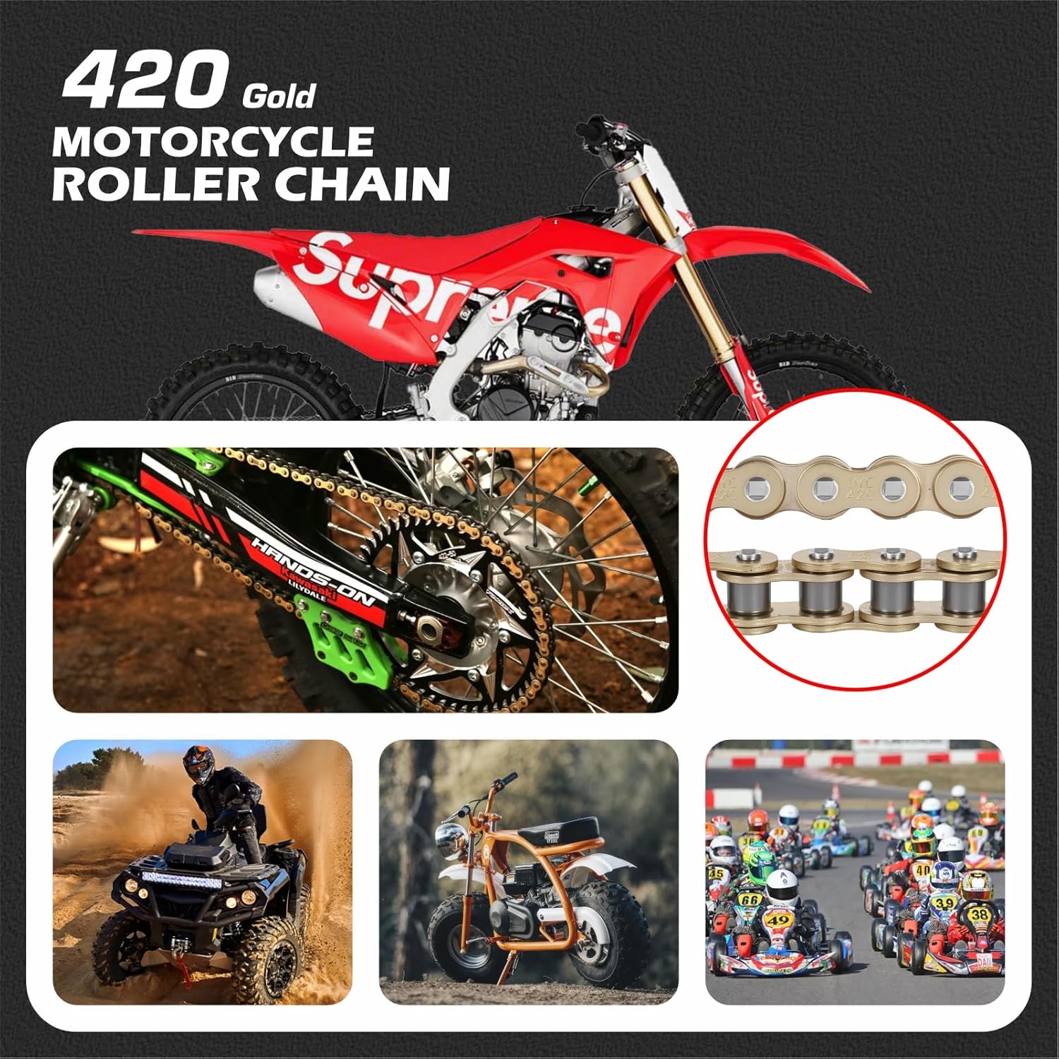 DYC 420 Motorcycle Chain 132 Links (Gold Plating) for 50 70 90 110 125 196 212cc Coleman SSR TaoTao Coolster Apollo Baja Kazuma Chinese ATV, 420 Chain for Mini Bike Dirt Bike Go Kart W/Chain Breaker