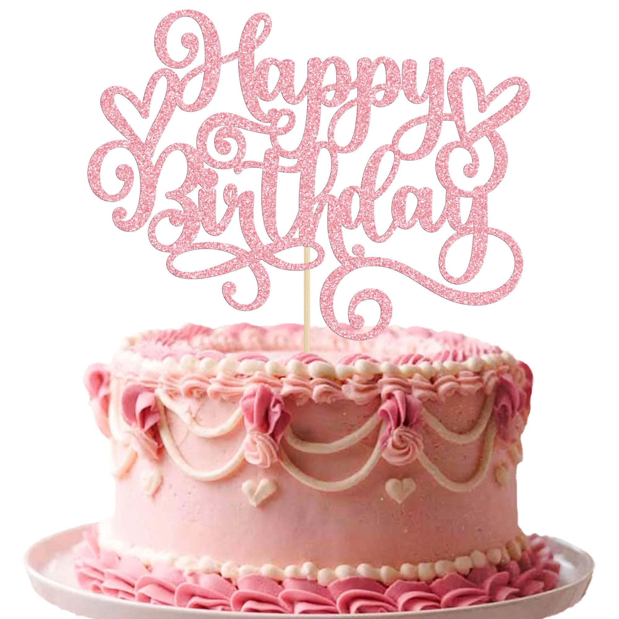 Gyufise 1Pcs Happy Birthday Cake Topper Glitter Cake Pick for Celebrating Anniversary Party Cake Decorations Supplies Pink