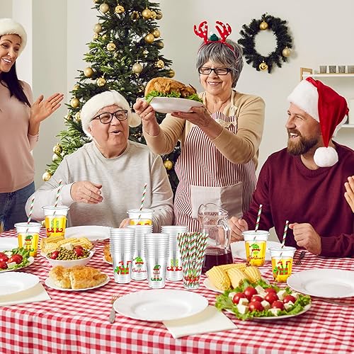 Miniatura 6 de Bokon Juego de 100 tazas de 12 onzas de elfo de Navidad con tema de payaso, vasos desechables con tapas y pajitas de papel, suministros de fiesta de
