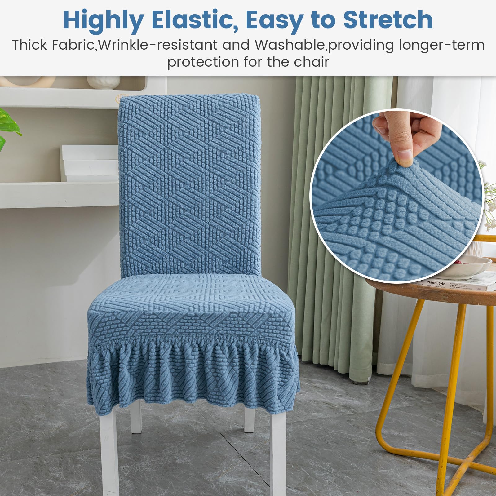 MIFXIN Dining Chair Covers with Skirt Stretch Universal Dining Room Chair Slipcovers Removable Washable Parsons Chair Cover for Kitchen Wedding Party Banquet Hotel (Blue, 4pcs)