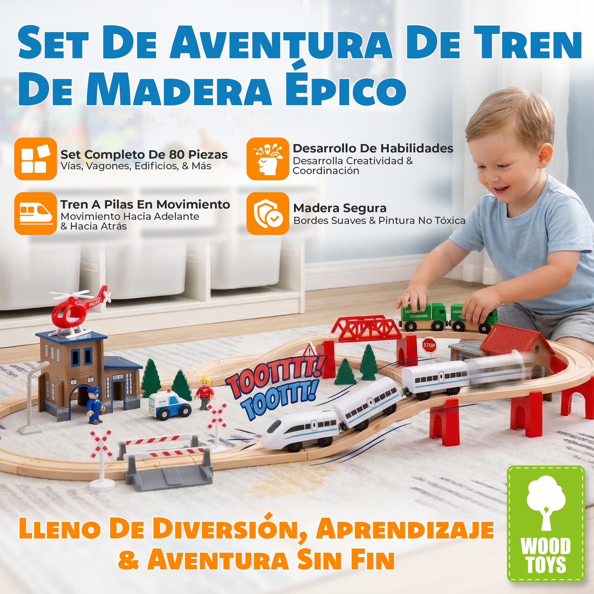 Tren de Madera para Niños - Green Series Modelo GS0010, Tren Juguete con 80 Elementos, Ideal para Niños de 2-3 Años, Vías y Trenes de Juguetes para Niños