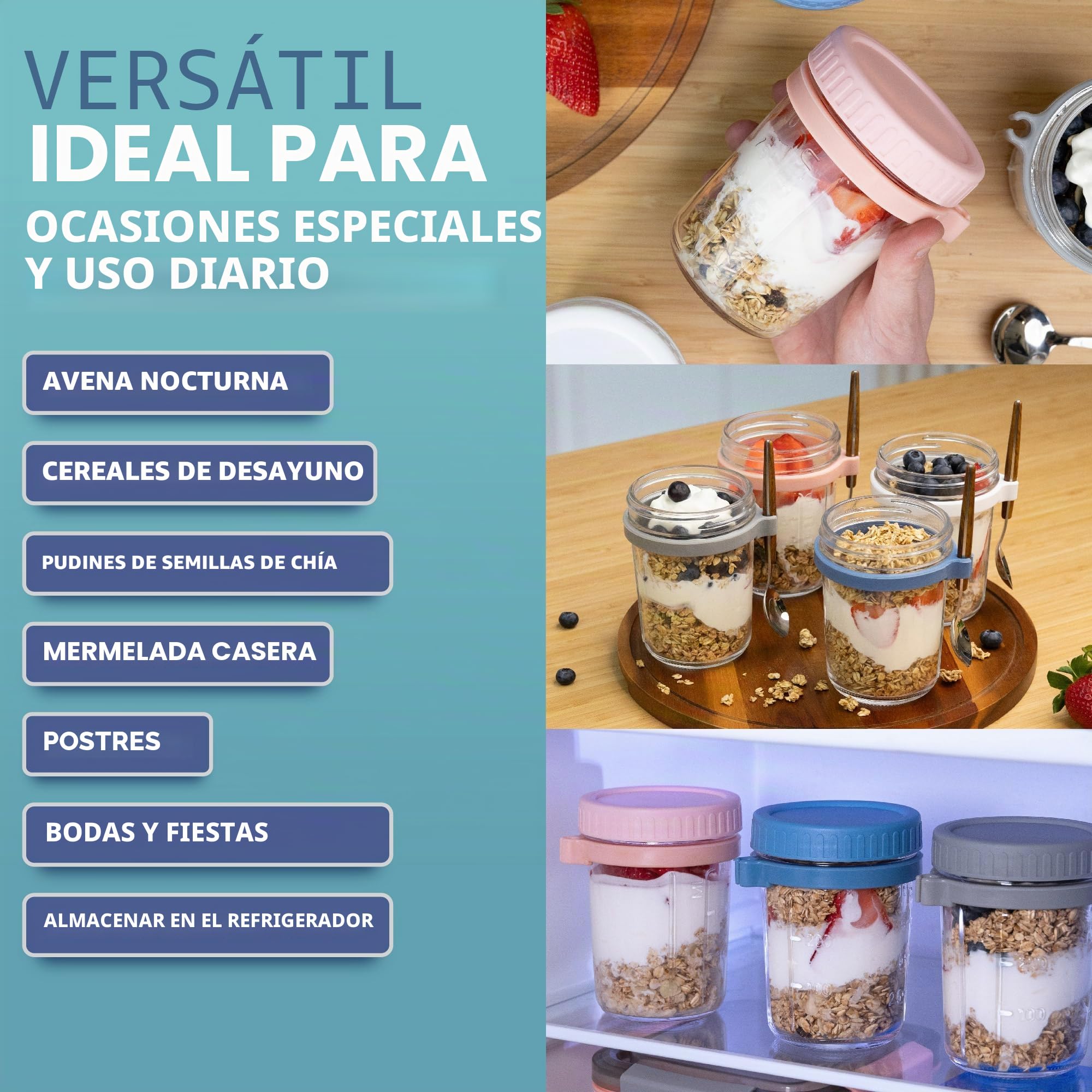 HEFTMAN Tarros de vidrio para avena nocturna con tapas, paquete de 4 tarros de avena nocturna de 350ml con cucharas y tapas de plástico coloridas herméticas, ollas de desayuno seguras para alimentos