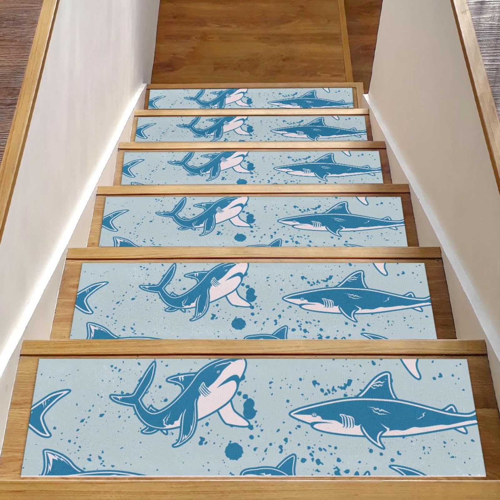 15 peldaños antideslizantes tiburón azul alfombras lavables para escaleras de madera