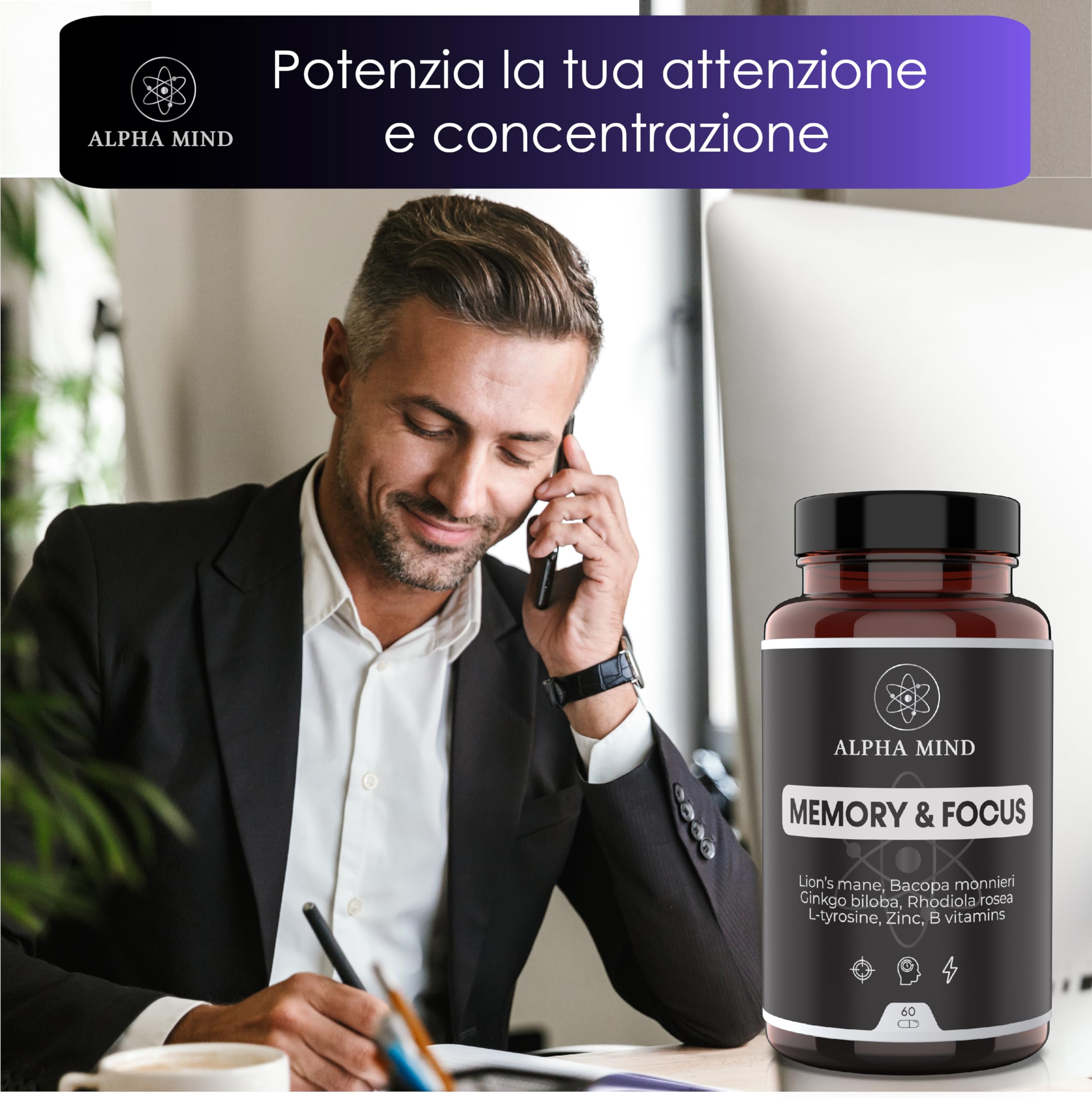 Nootropico Potente Naturale - Concentrazione, Memoria, Agilità Mentale - Con Lions mane, Ginkgo biloba, Bacopa Monnieri, Rhodiola Rosea, L Tirosina, Zinco, Vitamine B - Senza Caffeina
