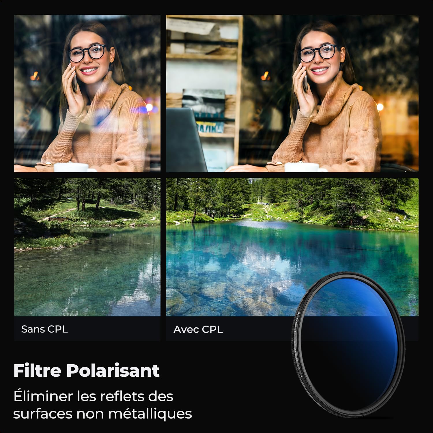 K&F Concept Filtre CPL 82mm Polarisant Slim + Chiffon de Nettoyage en Microfibre Emballé sous Vide pour Objectif Appareil Photo