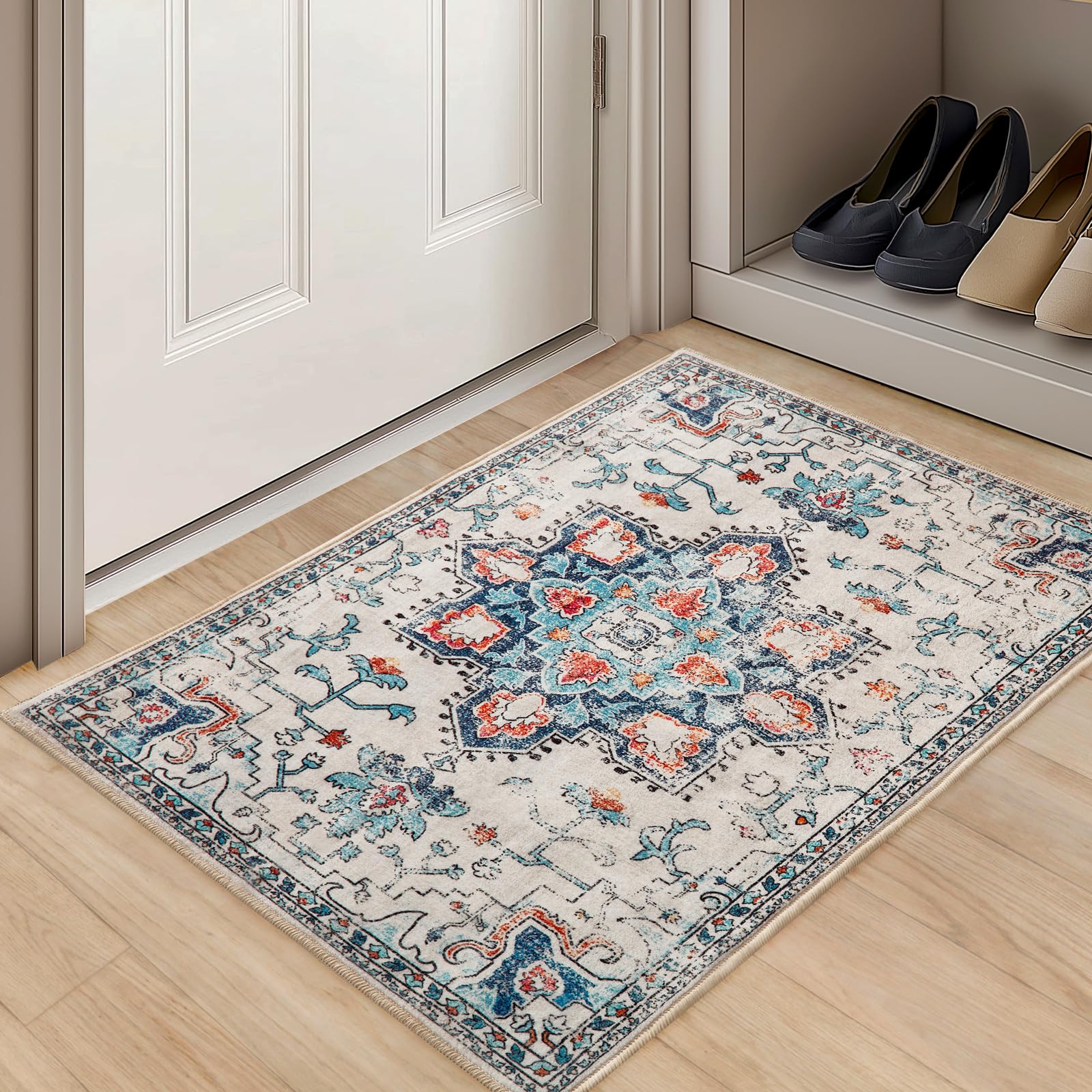 2x3 Entryway Rug Washable Door Mat Vintage Boho Entrance Area Rug Non Slip Low Pile Floral Print Carpet